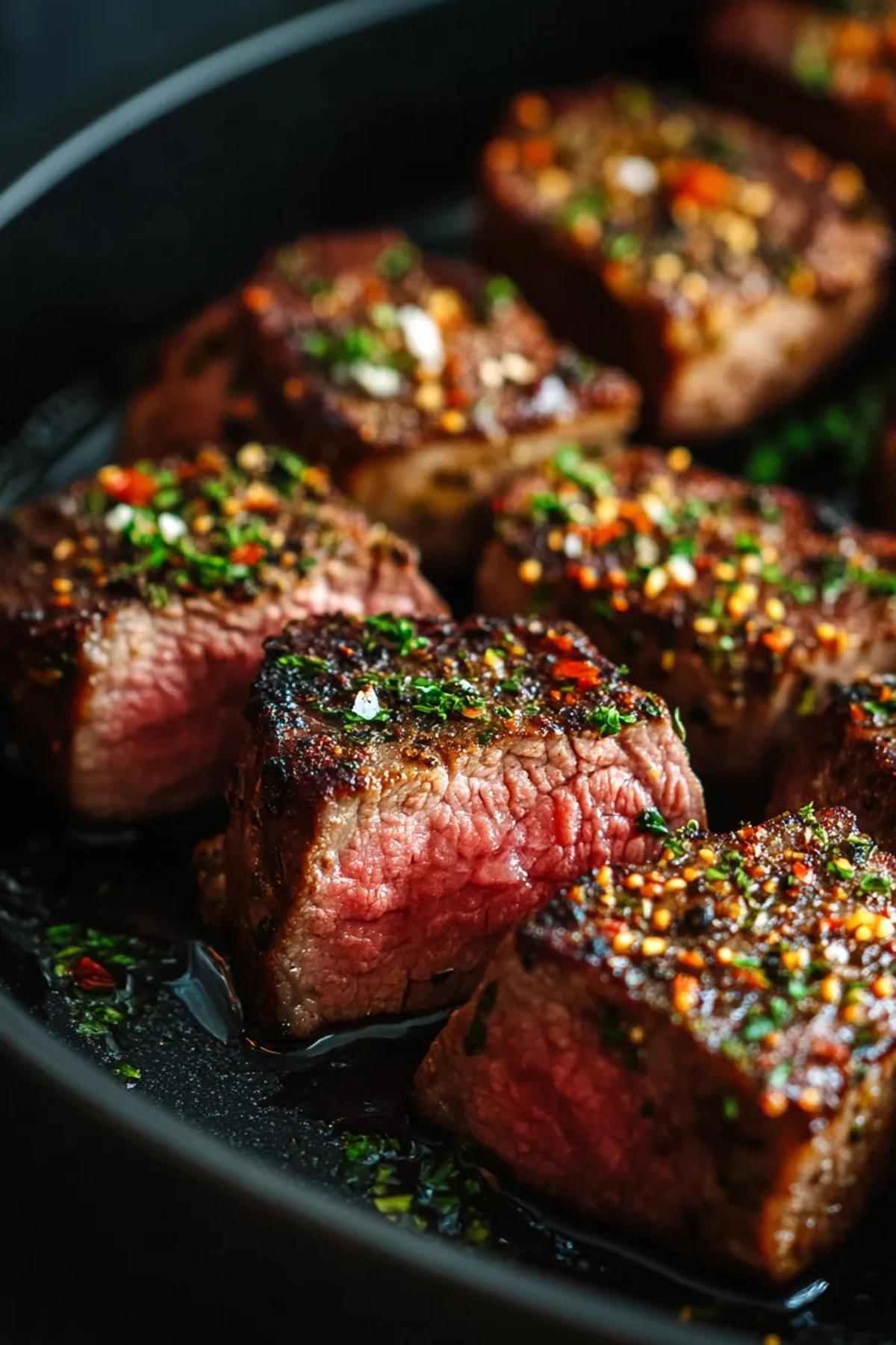 Herb-crusted beef medallions served with a side of roasted vegetables on a white plate. card