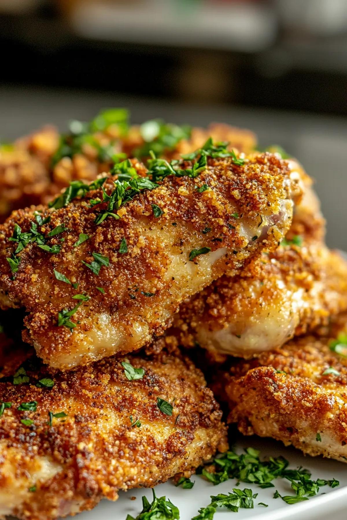 Herb-crusted chicken thighs with a golden brown crust served on a rustic wooden platter. card