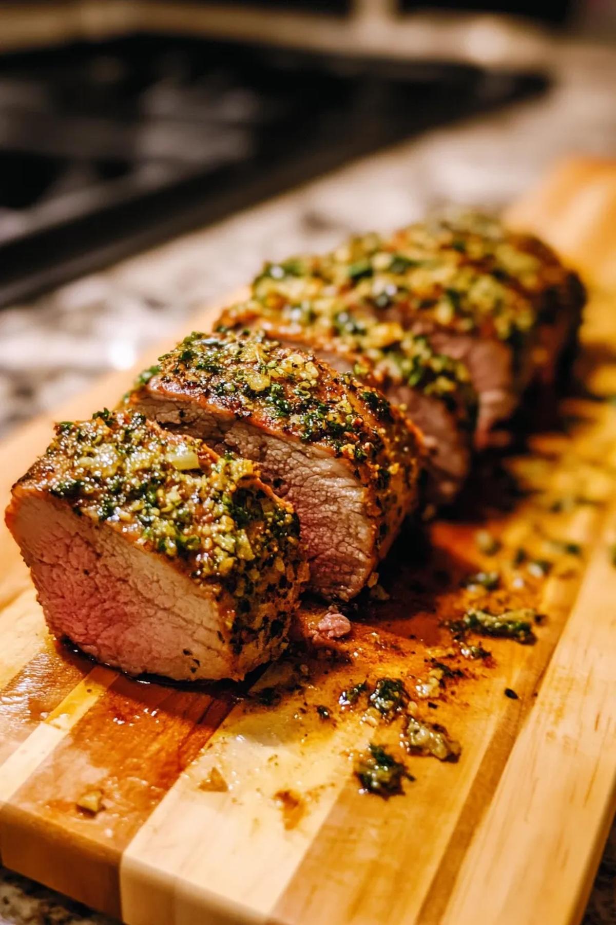 Sliced herb-crusted pork tenderloin garnished with fresh rosemary and thyme on a rustic wooden board. card
