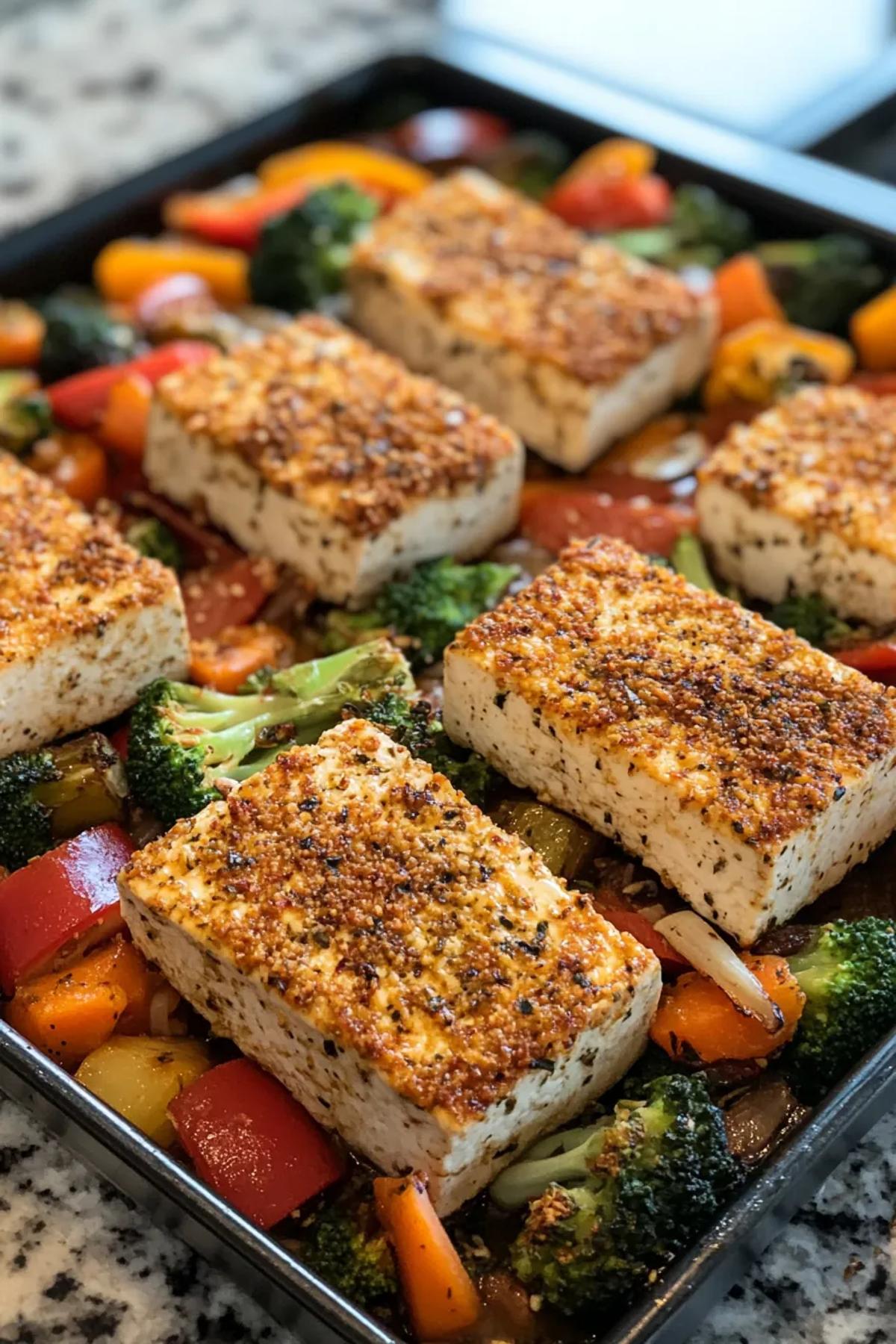 Herb-crusted tofu slices with roasted seasonal vegetables on a rustic plate. card