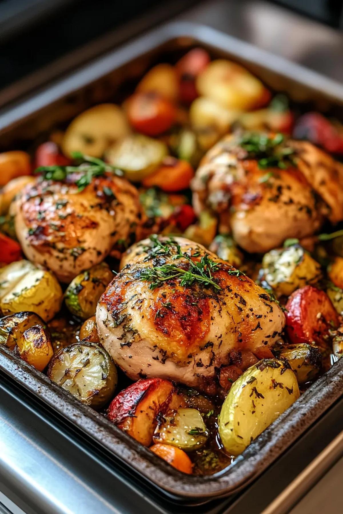 Golden-brown herb-roasted chicken nestled with vibrant seasonal vegetables in a rustic pan. card