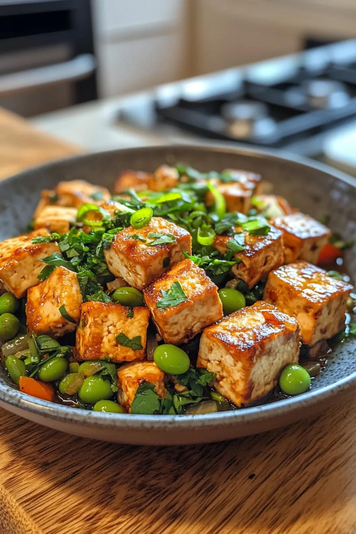 High protein tofu recipe with crispy tofu cubes, vibrant edamame, and colorful vegetables in a savory sauce, garnished with sesame seeds and fresh herbs. card