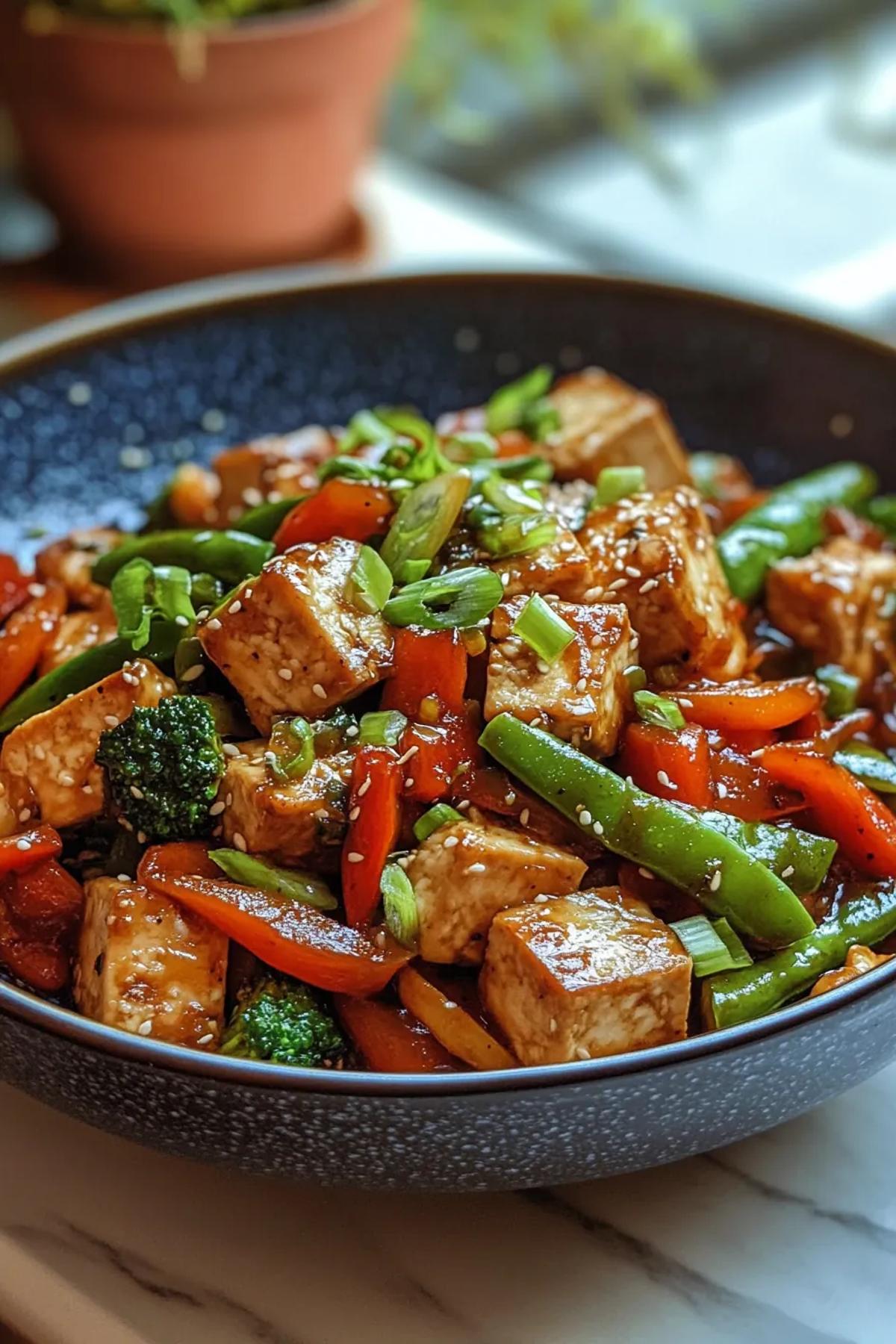 High protein tofu stir fry with colorful seasonal vegetables, glistening in a soy glaze, topped with sesame seeds and fresh herbs. card