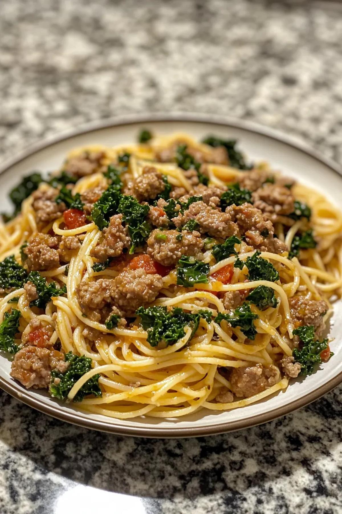 A tantalizing bowl of pasta with Italian sausage and kale, topped with freshly grated parmesan. card