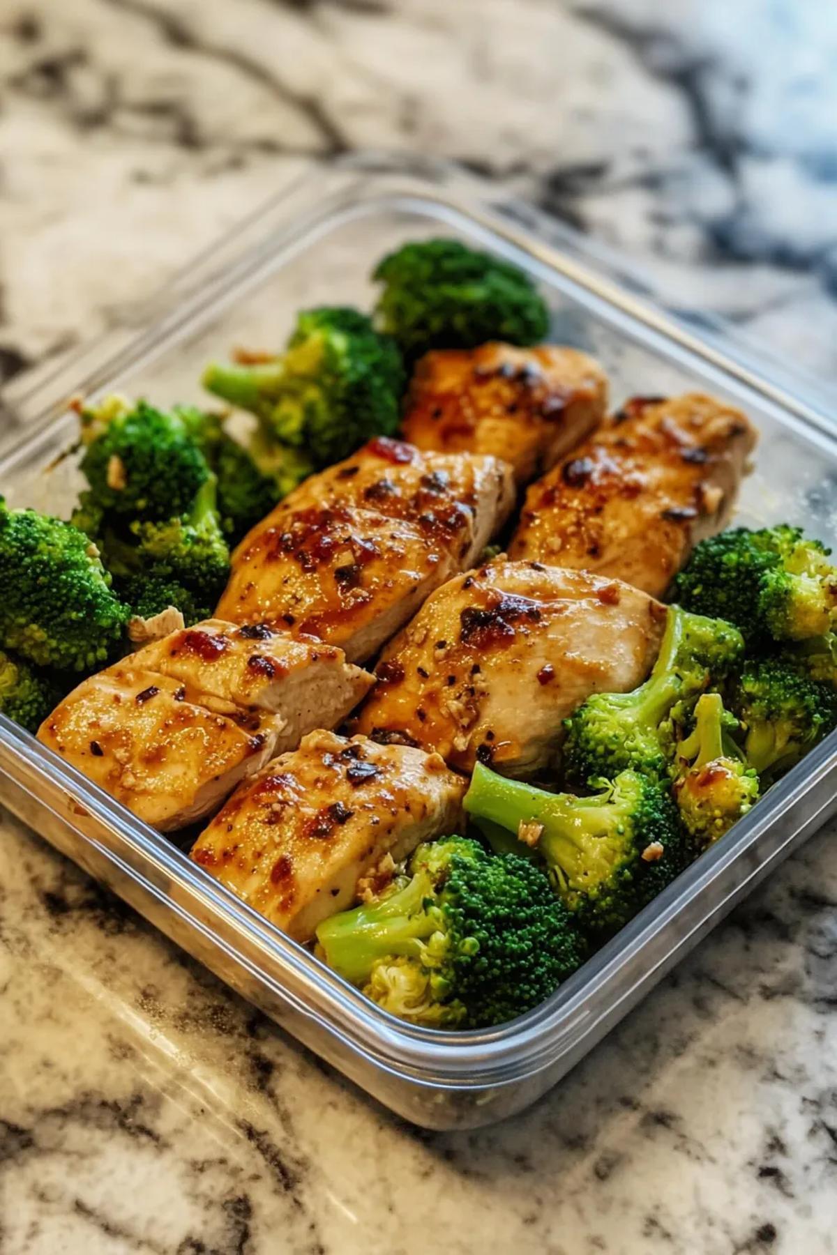 A delicious low carb chicken and broccoli meal prep, featuring tender chicken breast, bright green broccoli florets, and a drizzle of savory sauce in meal prep containers.