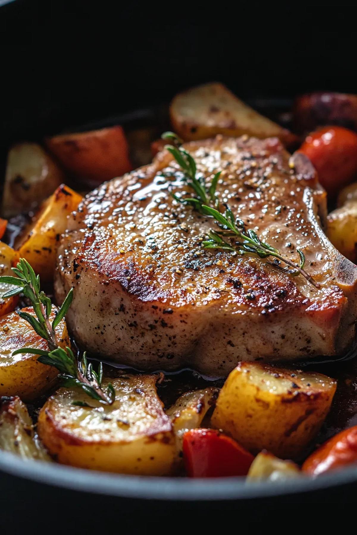 Golden seared pork chops nestled among colorful seasonal vegetables in a large skillet. card