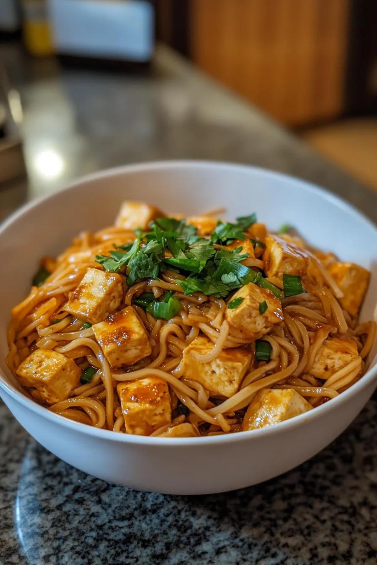 A steaming bowl of one pot tofu noodles with fresh greens and a hint of ginger. card