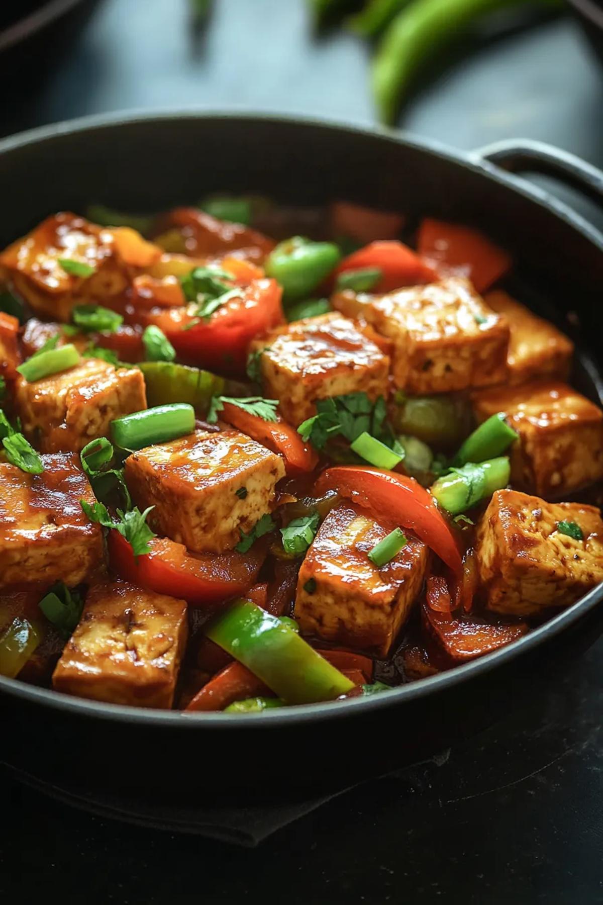 A vibrant one pot tofu dish with colorful seasonal vegetables simmering in a large skillet. card