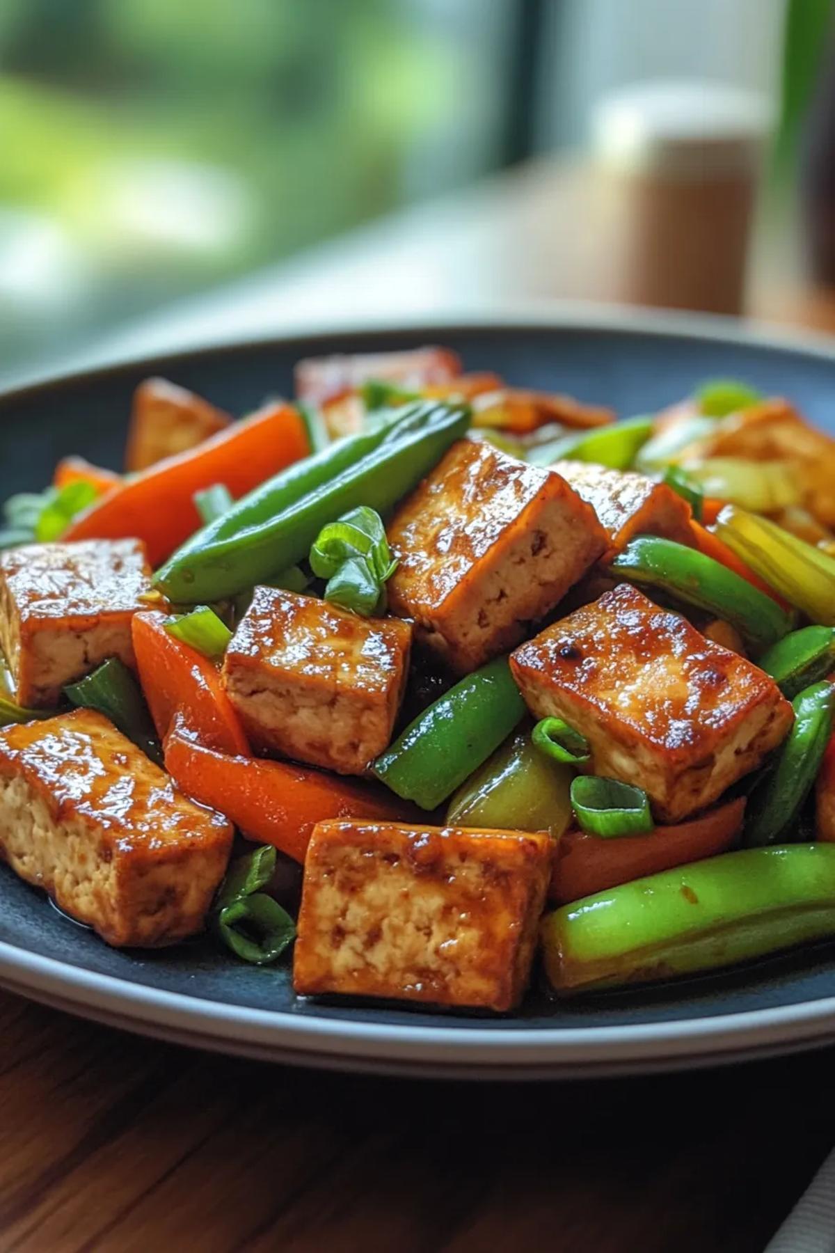 A vibrant stir-fry of tofu and vegetables in a single pot, garnished with sesame seeds and fresh herbs. card