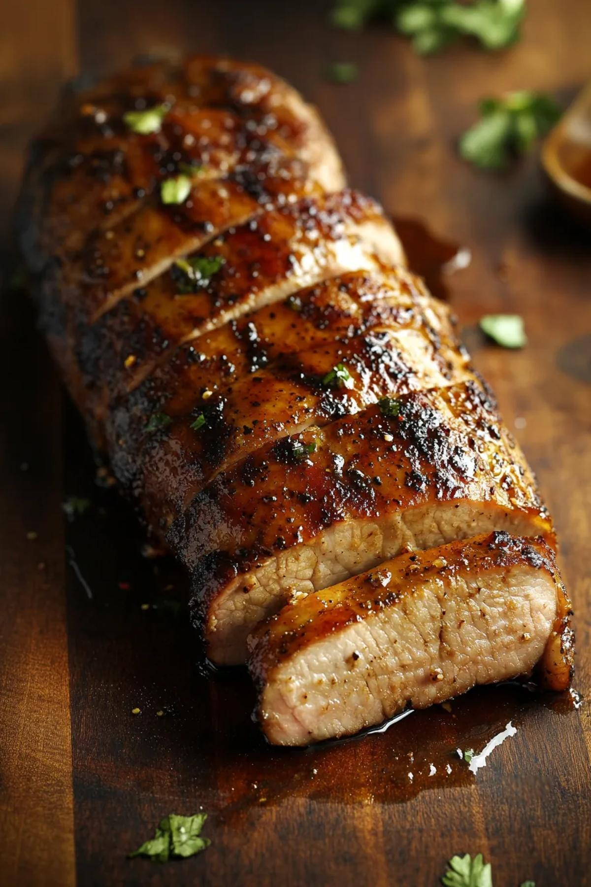 Seared pork tenderloin drizzled with honey-mustard glaze on a rustic wooden platter. card