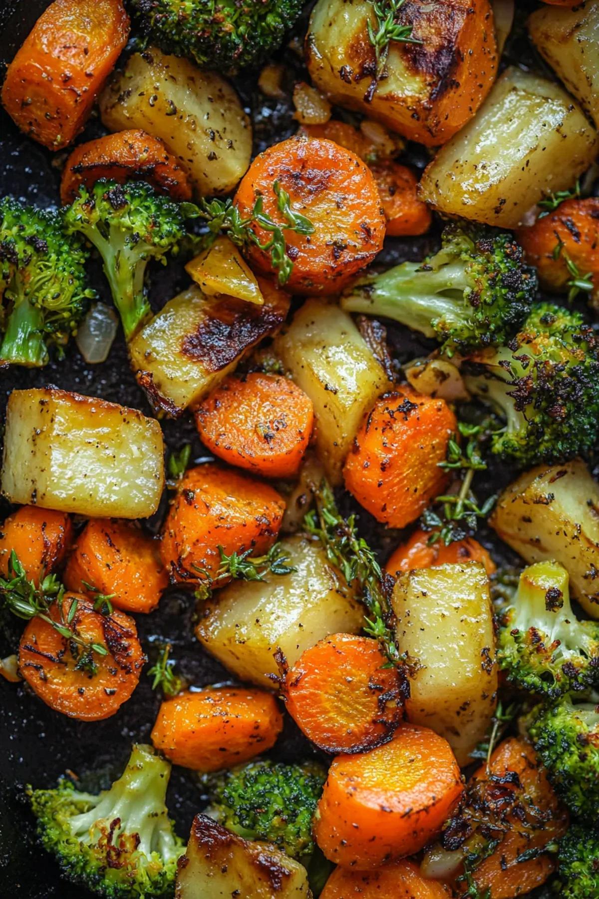 A colorful plate of sheet pan roasted broccoli and carrots garnished with fresh thyme, showcasing vibrant green broccoli and golden-brown carrots. card