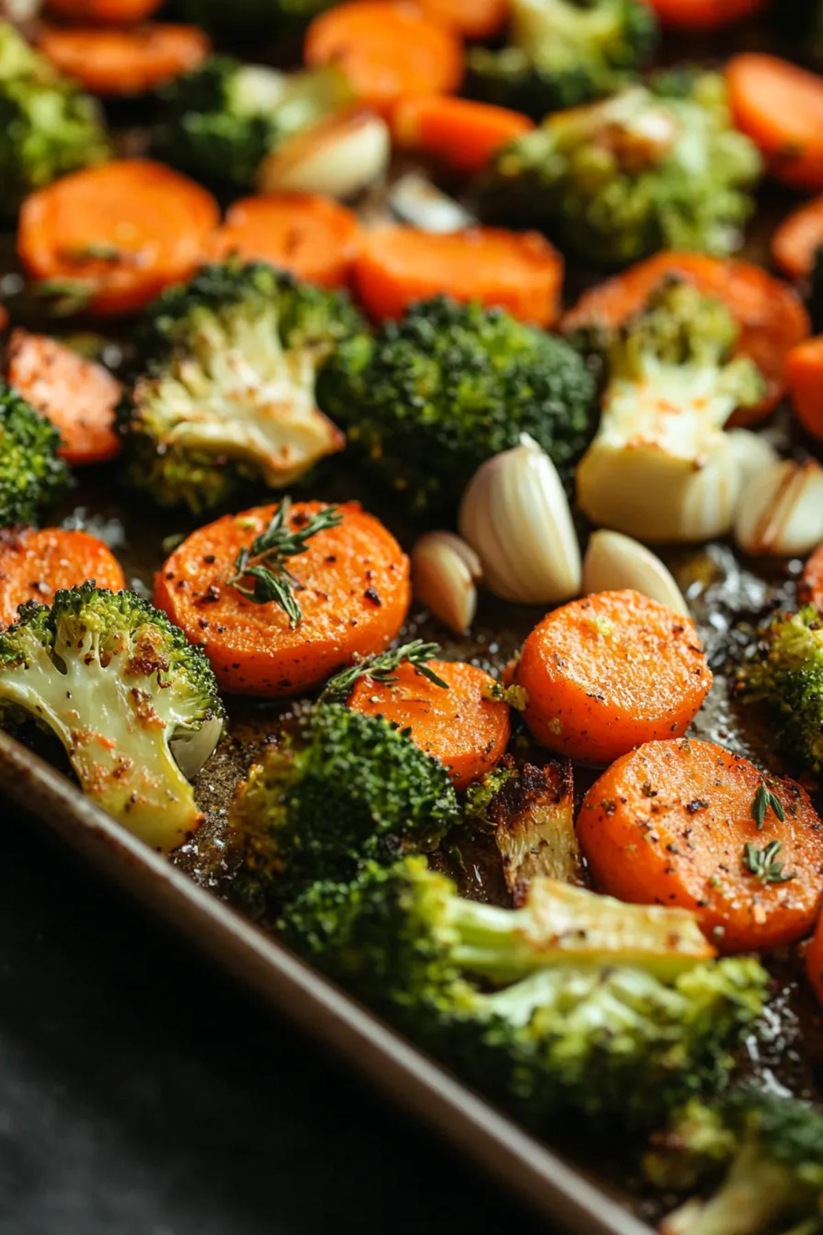 A colorful plate of sheet pan roasted broccoli and carrots garnished with fresh thyme, showcasing vibrant green broccoli and golden-brown carrots.