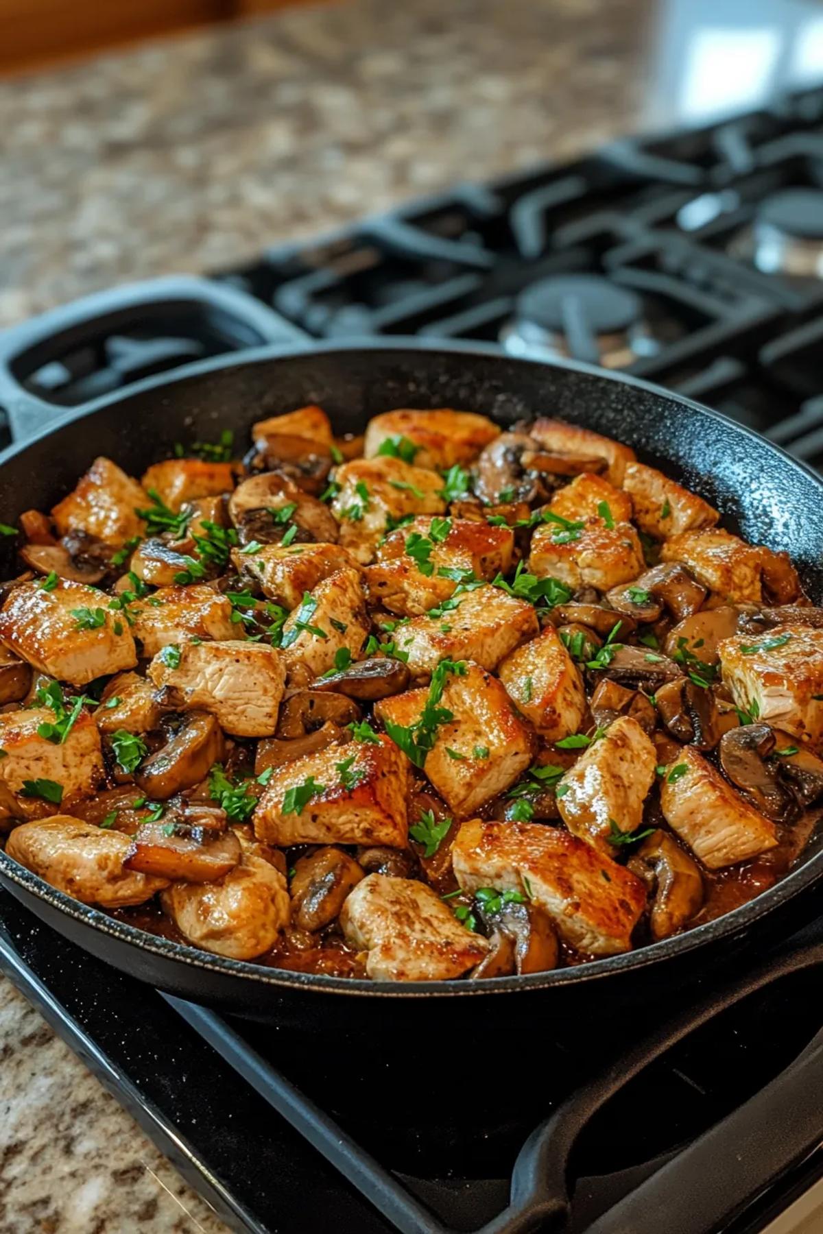 Savory turkey and mushroom skillet with golden-brown turkey pieces and sliced mushrooms in a rich sauce. card