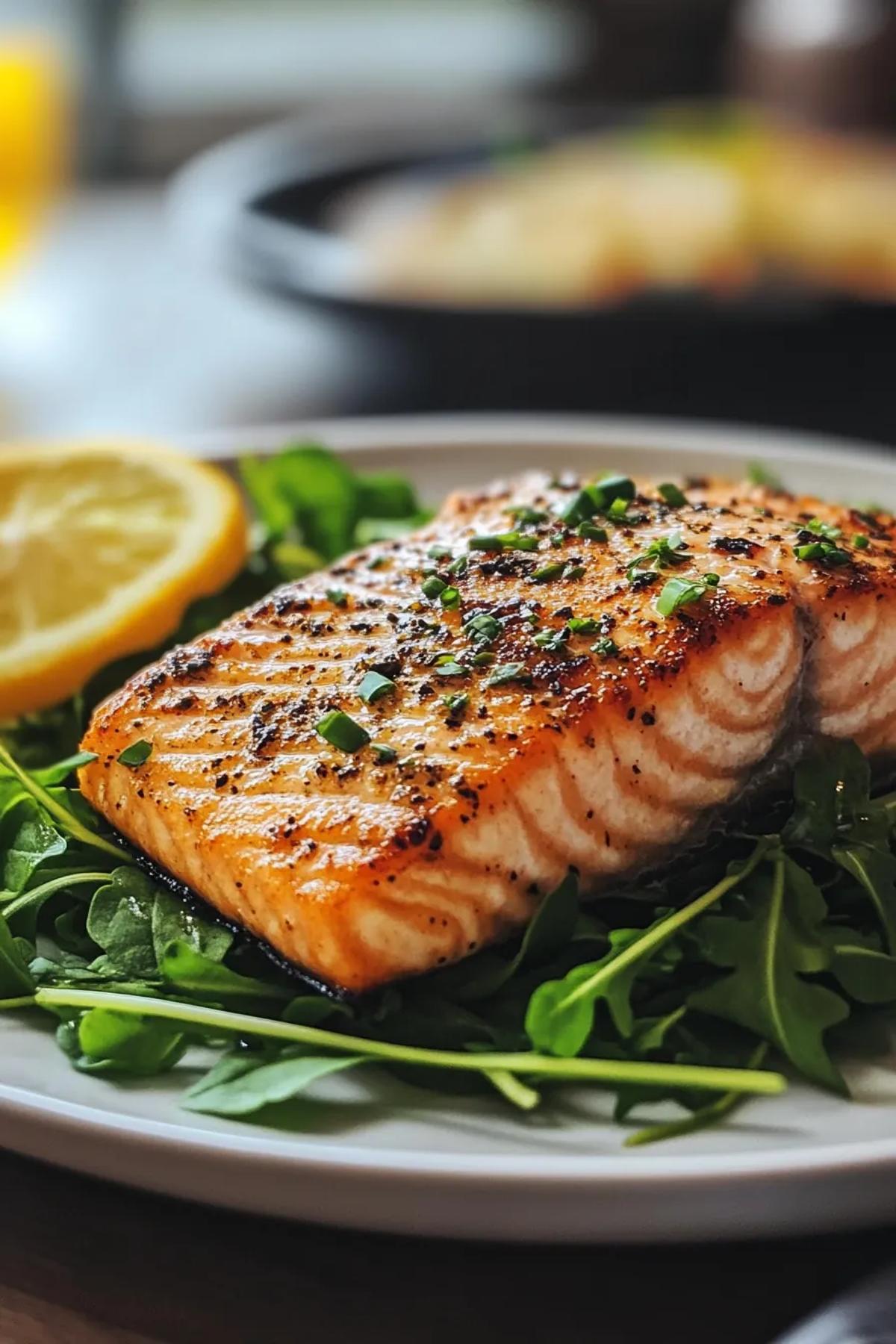 Perfectly seared salmon with a citrus glaze served alongside a bed of fresh spring greens. card