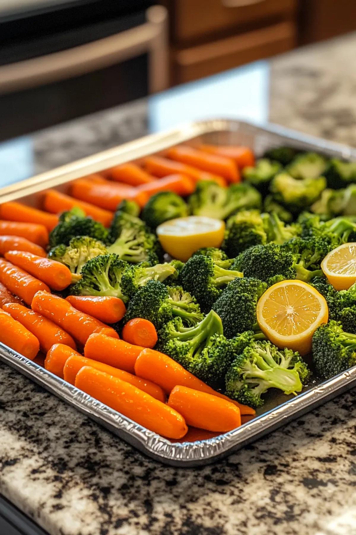 Sheet Pan Broccoli and Baby Carrots with Zesty Lemon Dressing