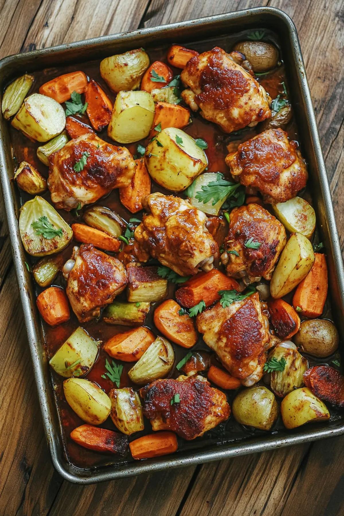 A vibrant display of sheet pan gochujang chicken and vegetables, with golden-brown chicken pieces nestled among colorful seasonal vegetables, all glistening with a savory glaze. card