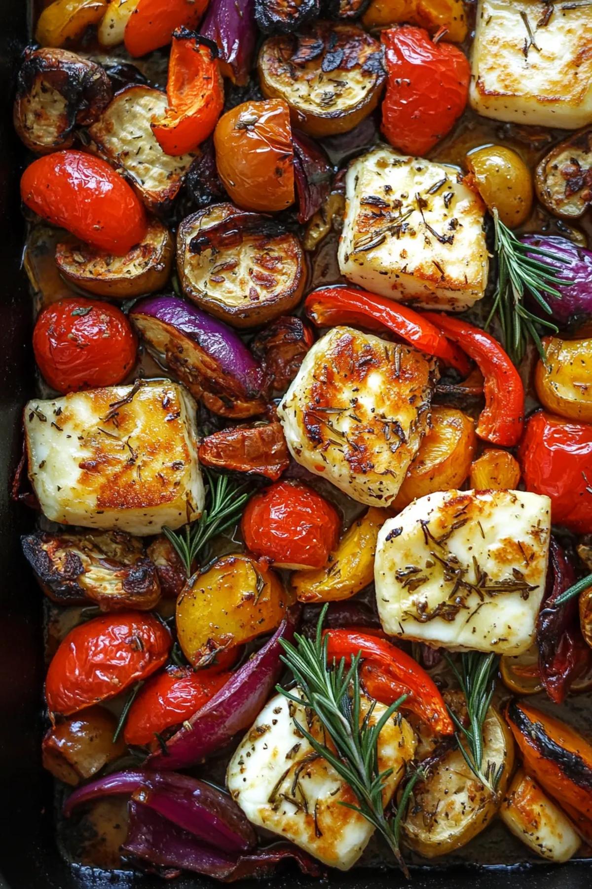 Sheet pan halloumi and roasted vegetables featuring golden halloumi slices atop a vibrant mix of seasonal vegetables, garnished with fresh herbs and a hint of lemon zest. card