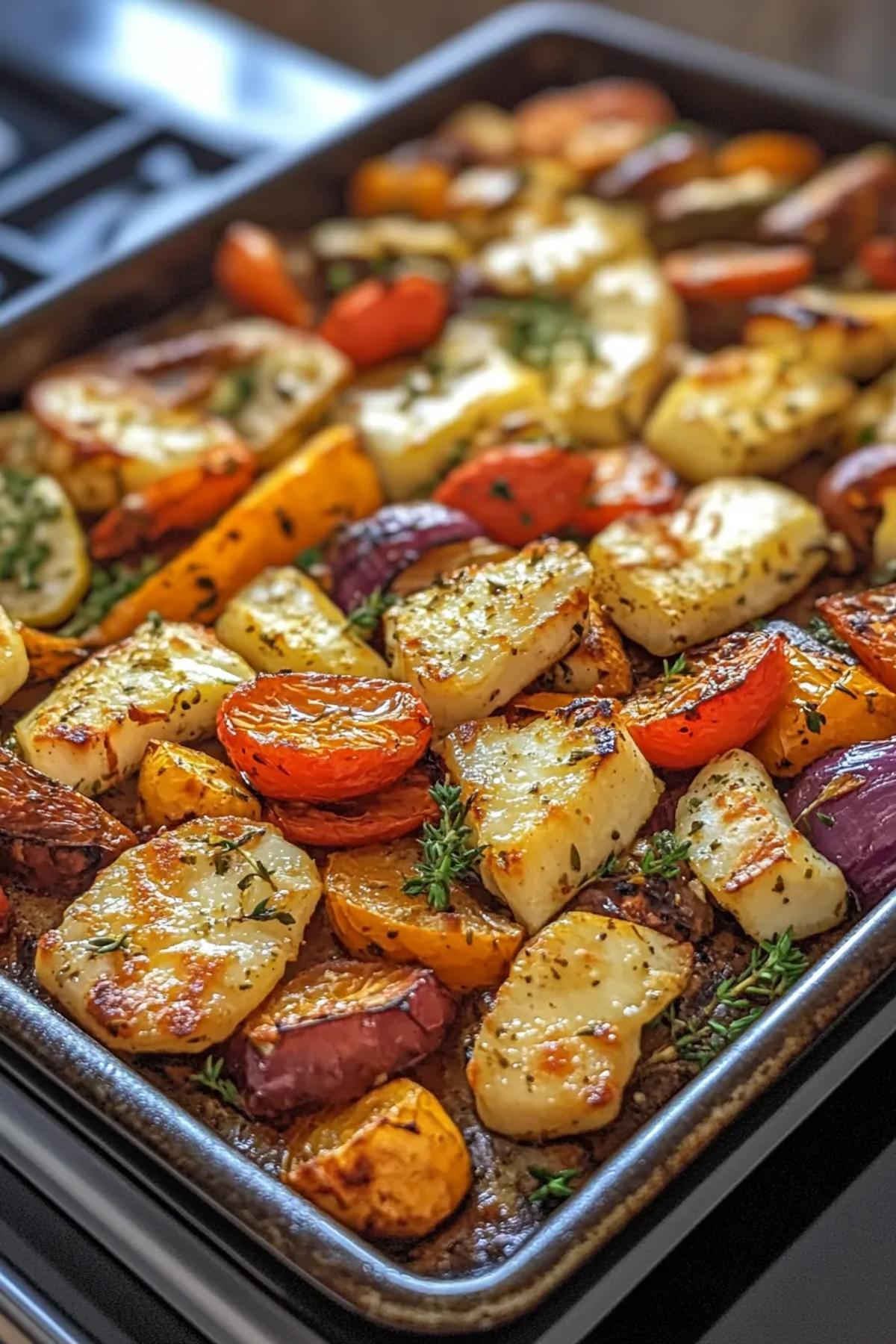 Sheet pan halloumi and roasted vegetables featuring golden halloumi slices atop a vibrant mix of seasonal vegetables, garnished with fresh herbs and a hint of lemon zest.