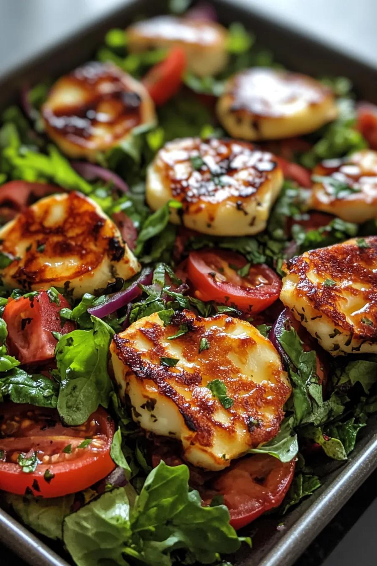 A delightful sheet pan halloumi salad featuring golden-brown halloumi, vibrant roasted vegetables, and fresh greens, creating a visually appealing and appetizing dish. card