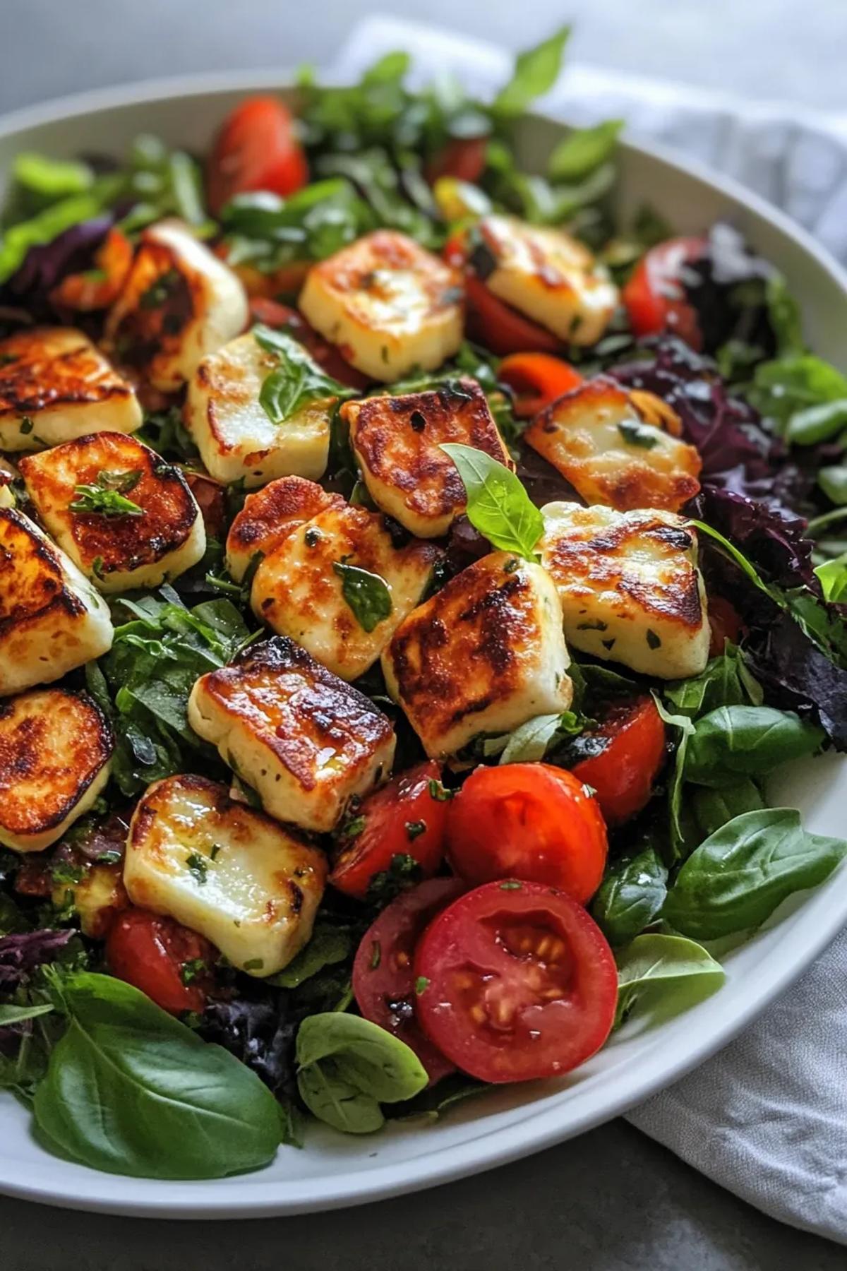 A delightful sheet pan halloumi salad featuring golden-brown halloumi, vibrant roasted vegetables, and fresh greens, creating a visually appealing and appetizing dish.