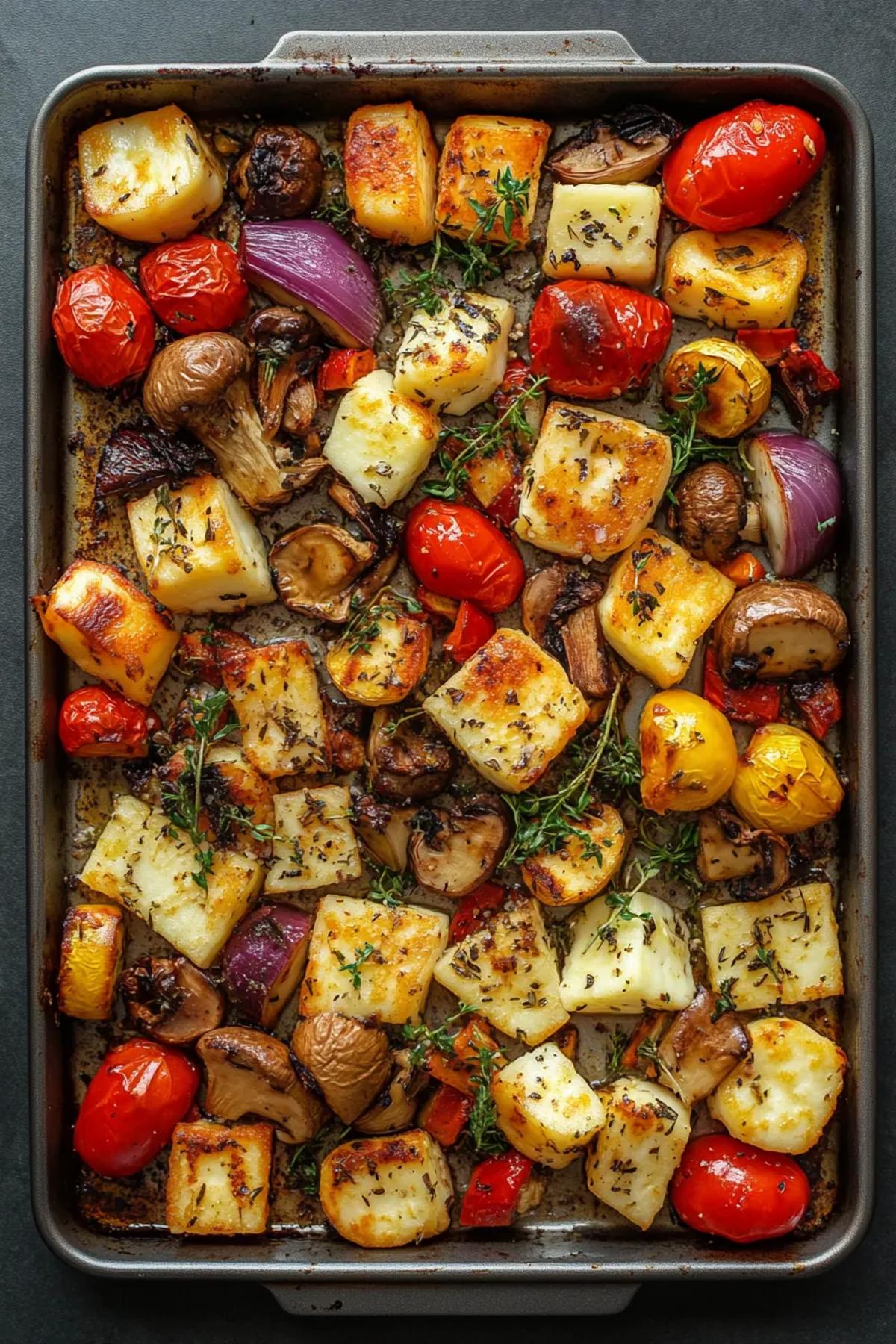 A vibrant sheet pan filled with golden halloumi cheese, colorful seasonal vegetables, and fresh herbs, all roasted to perfection with a hint of char on a rustic kitchen table. card
