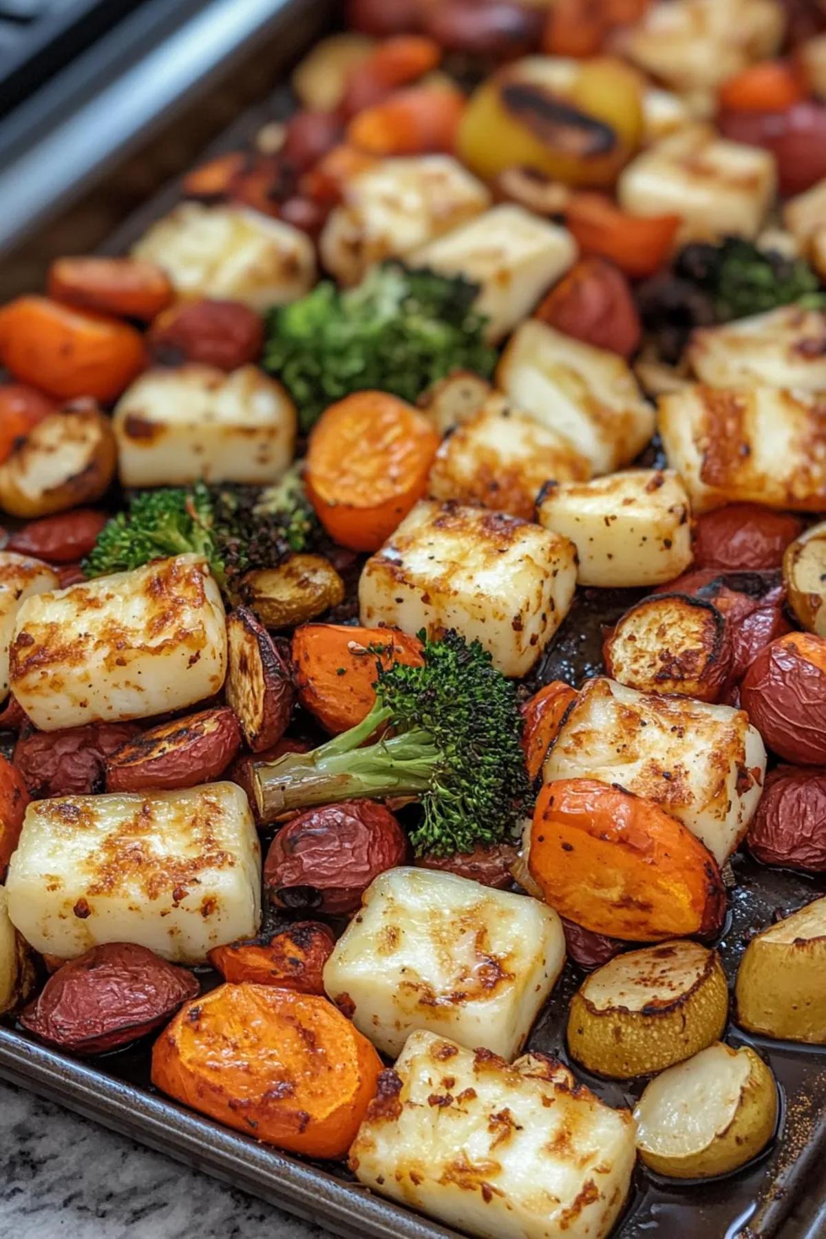 A vibrant sheet pan filled with golden halloumi cheese, colorful seasonal vegetables, and fresh herbs, all roasted to perfection with a hint of char on a rustic kitchen table.