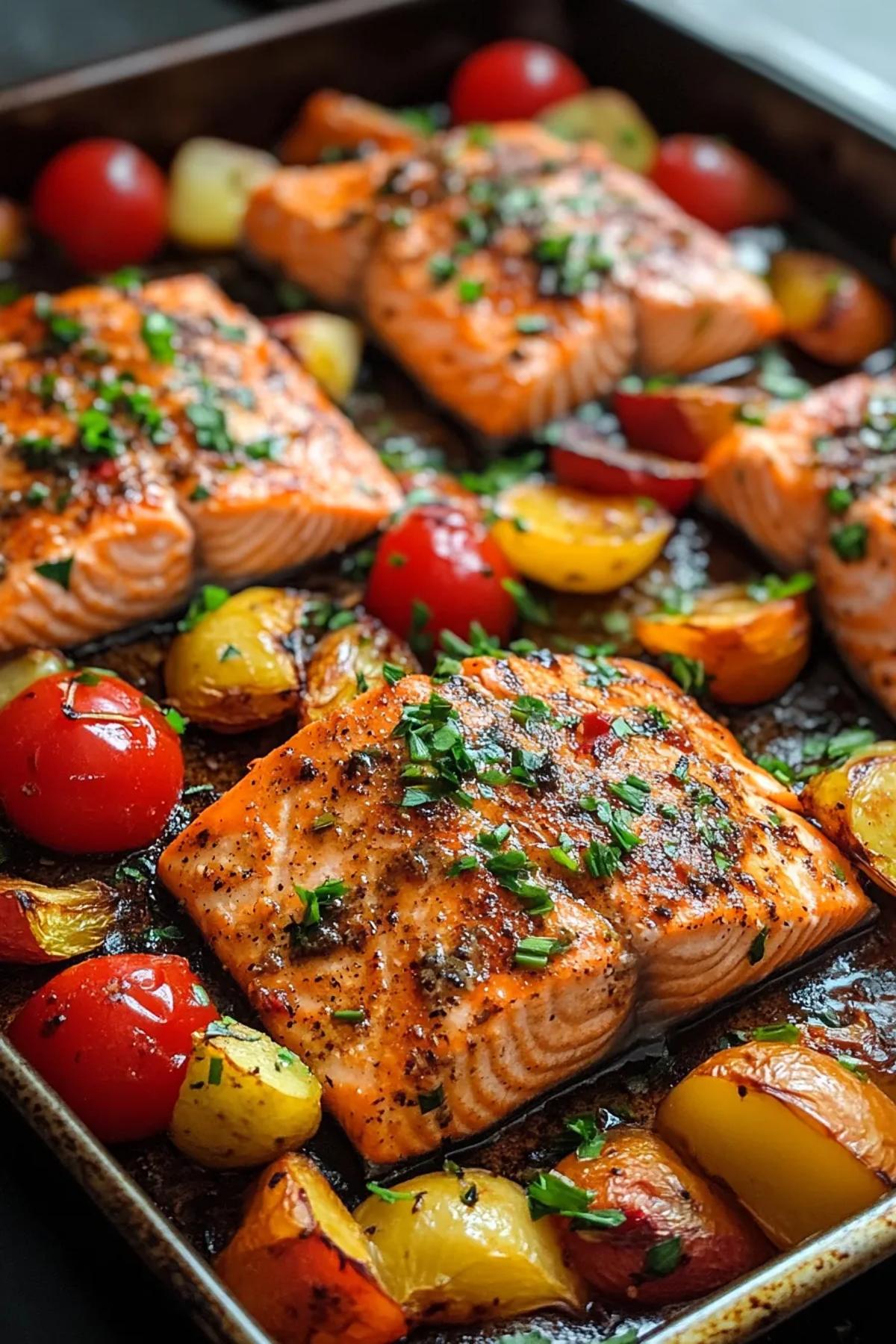 A vibrant presentation of sheet pan miso salmon and vegetables featuring golden-brown salmon fillets atop a colorful array of roasted seasonal vegetables. card