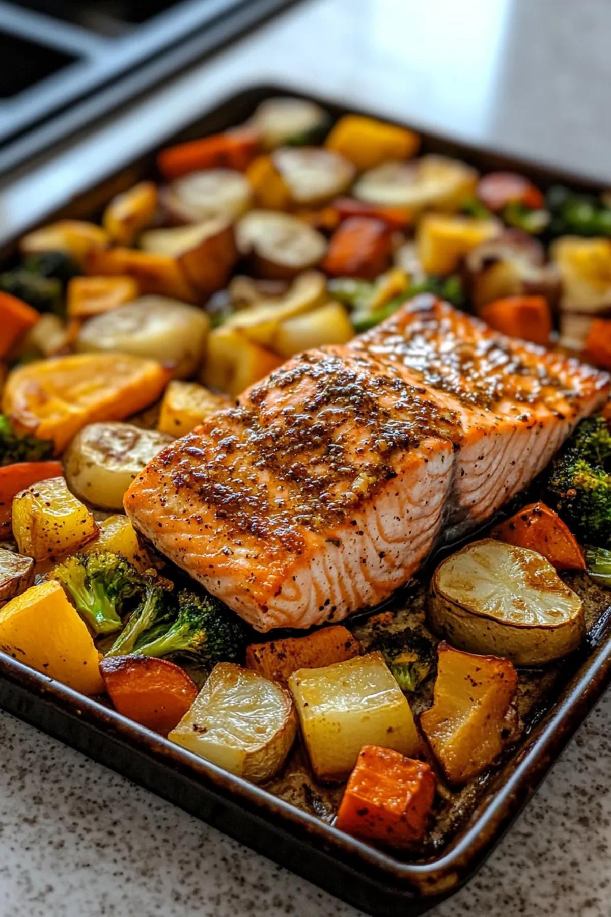 A vibrant presentation of sheet pan miso salmon and vegetables featuring golden-brown salmon fillets atop a colorful array of roasted seasonal vegetables.