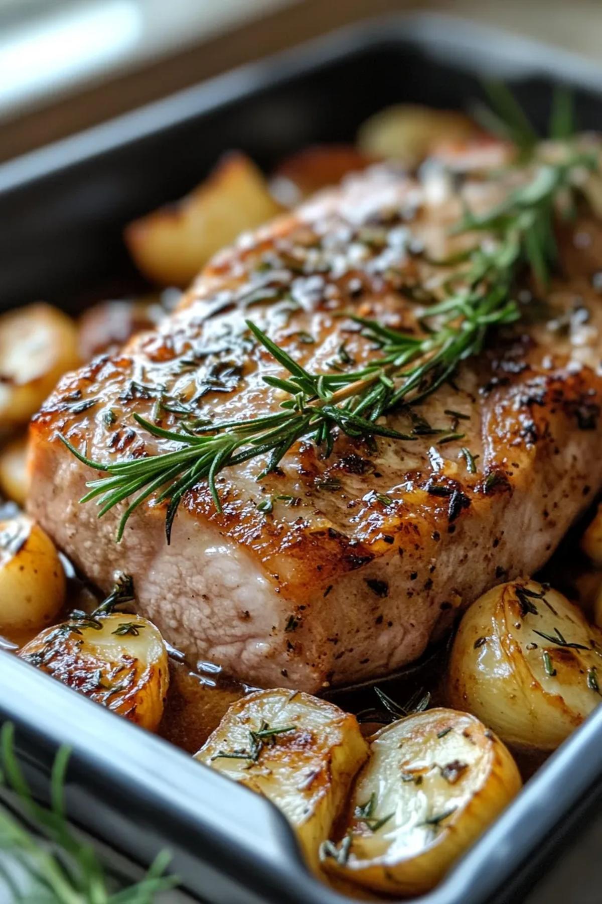 Golden-brown pork chops seasoned with rosemary and garlic on a rustic wooden platter. card