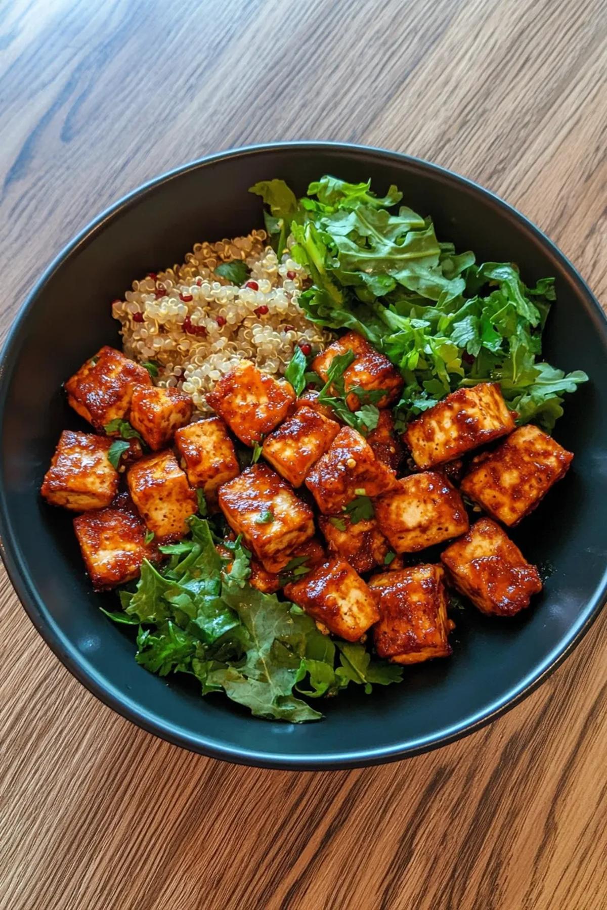 A high protein vegan tofu recipe showcasing sizzling smoky tofu over a bed of fluffy quinoa and vibrant seasonal greens, garnished with sesame seeds and fresh herbs. card