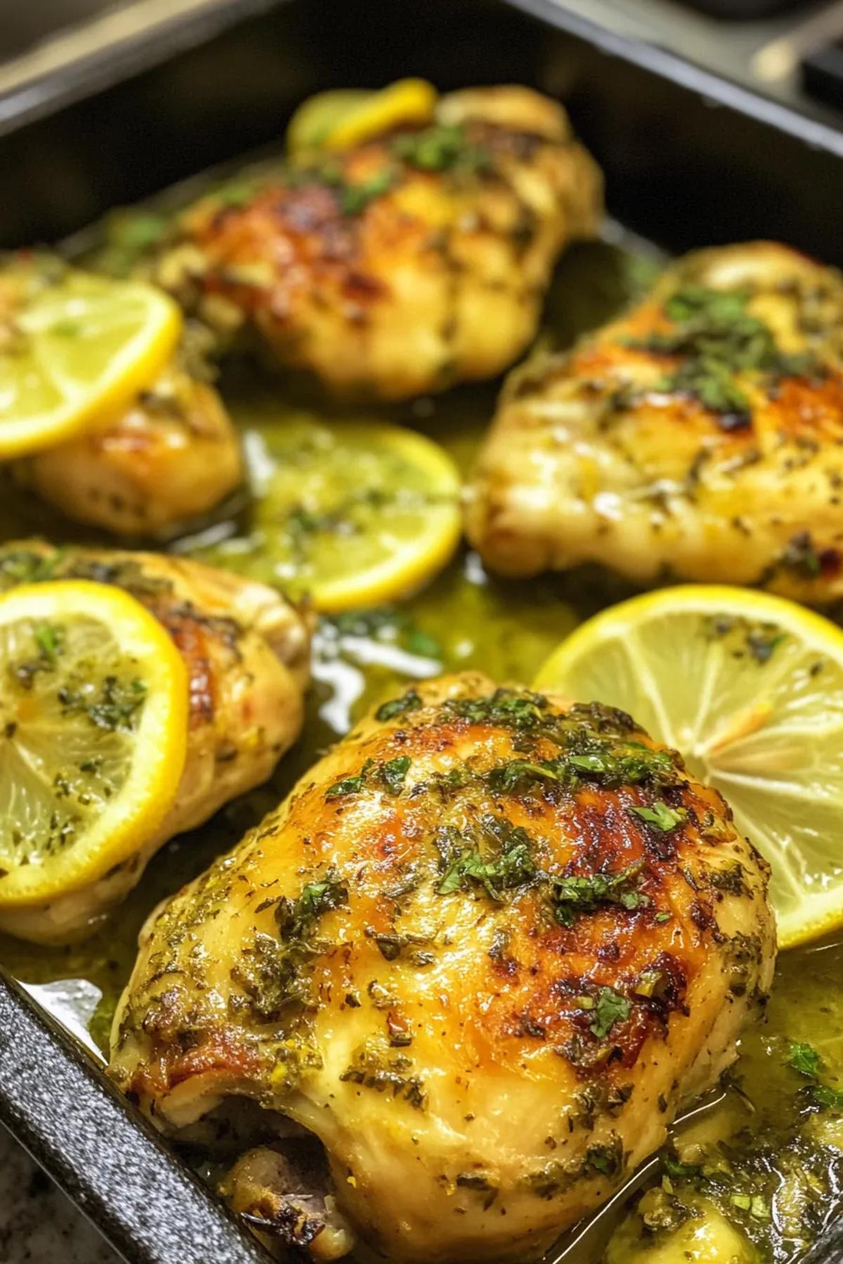 Slow-cooked lemon herb chicken with vibrant herbs and golden crust in a crockpot. card