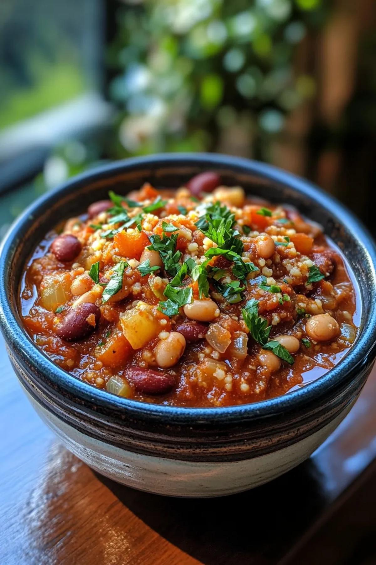 Vibrant slow cooker harissa bean and couscous stew served in a rustic bowl, speckled with fresh herbs, ruby harissa broth, and golden couscous pearls, evoking coastal warmth. card