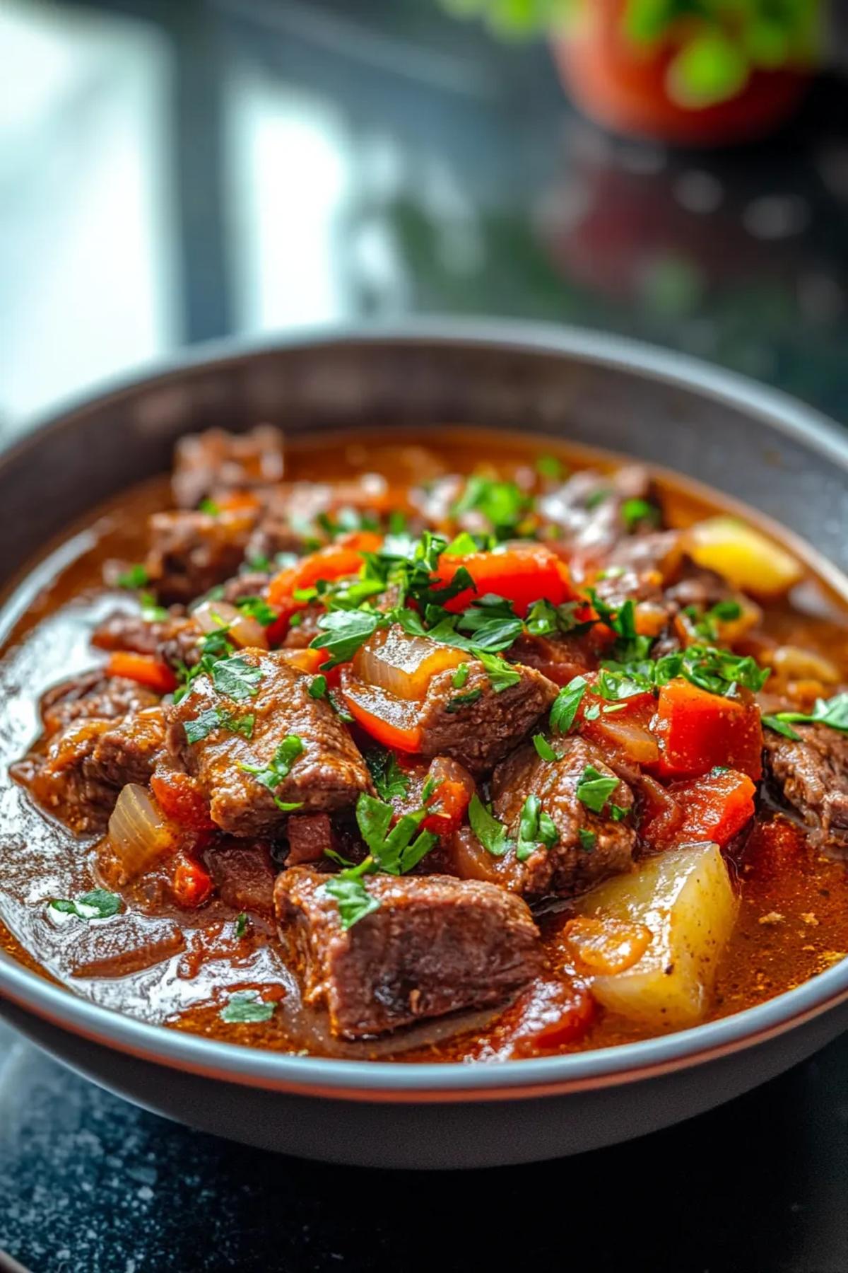 Slow cooker harissa beef stew served in a rustic bowl, garnished with fresh cilantro, bright red peppers, and a drizzle of olive oil, showcasing the rich, velvety broth and tender beef chunks. card