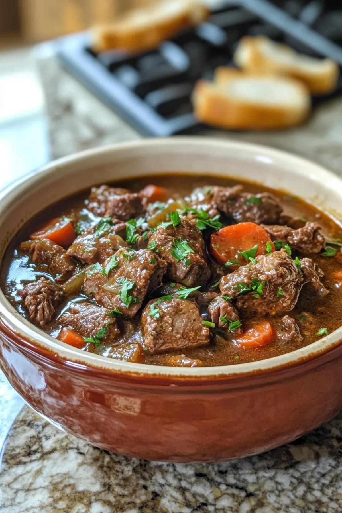 Slow cooker harissa beef stew served in a rustic bowl, garnished with fresh cilantro, bright red peppers, and a drizzle of olive oil, showcasing the rich, velvety broth and tender beef chunks.