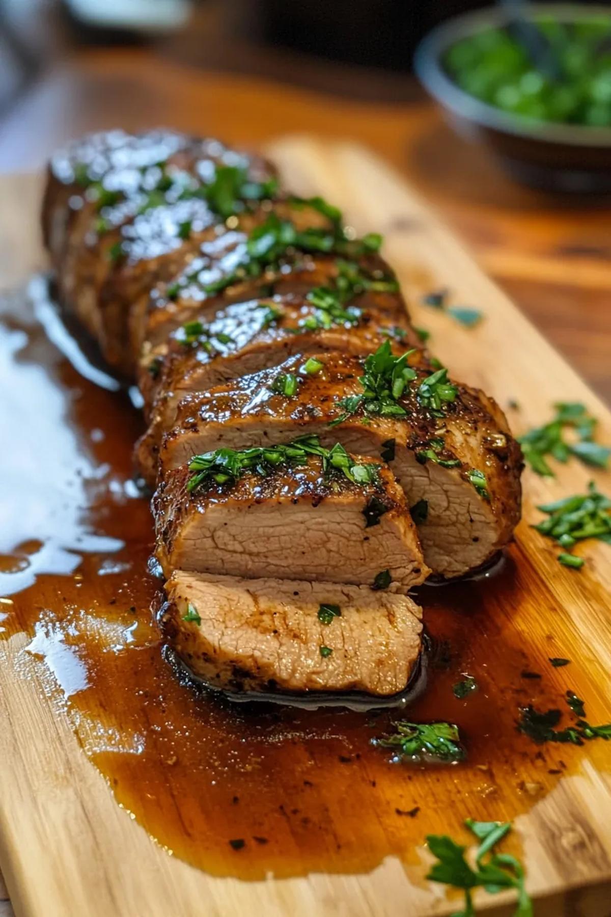 Tender slices of honey garlic pork tenderloin on a rustic wooden platter, garnished with fresh thyme. card