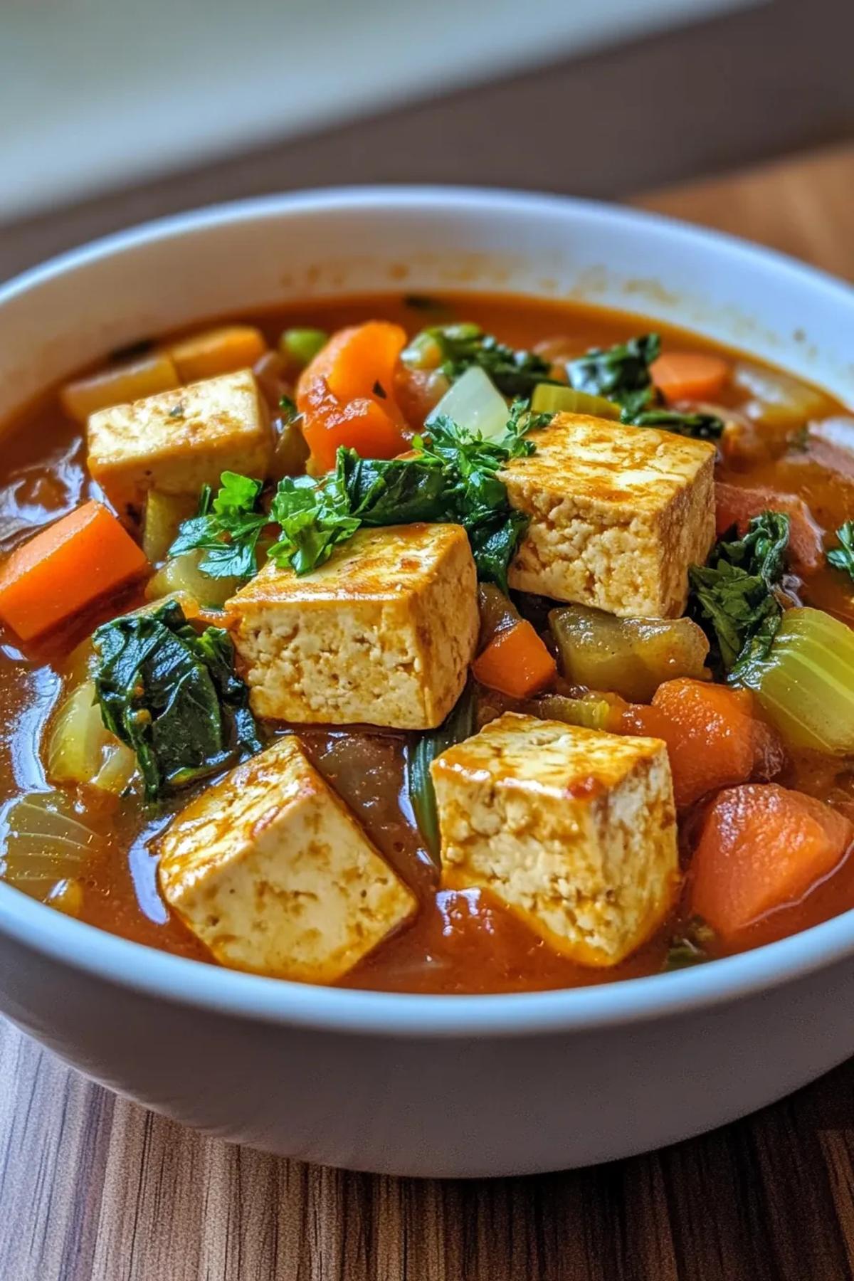 A vibrant slow cooker tofu stew with chunks of tofu, colorful vegetables, and a rich broth served in a rustic bowl. card