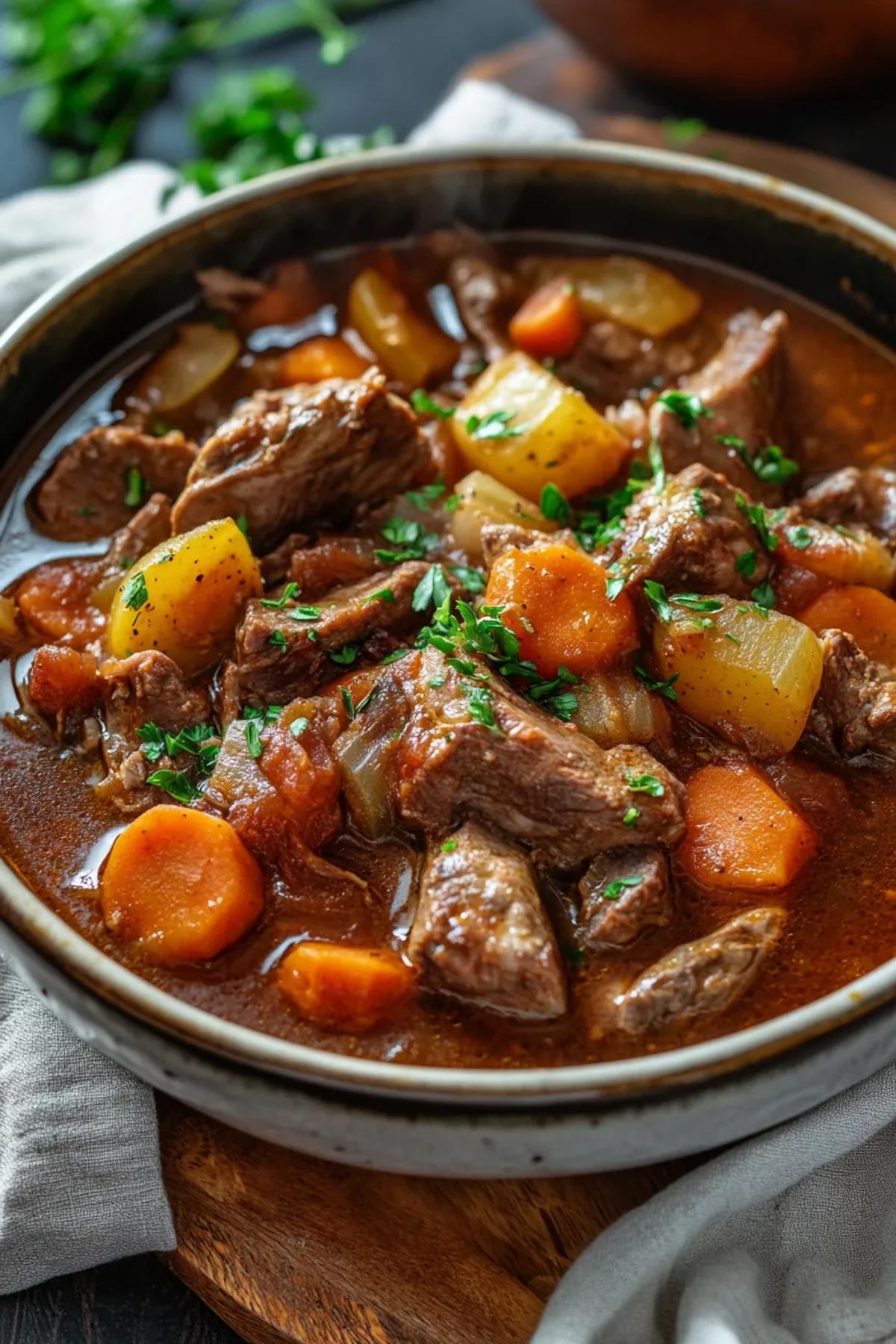 Hearty one pot lamb stew with tender lamb chunks, colorful vegetables, and aromatic herbs. card