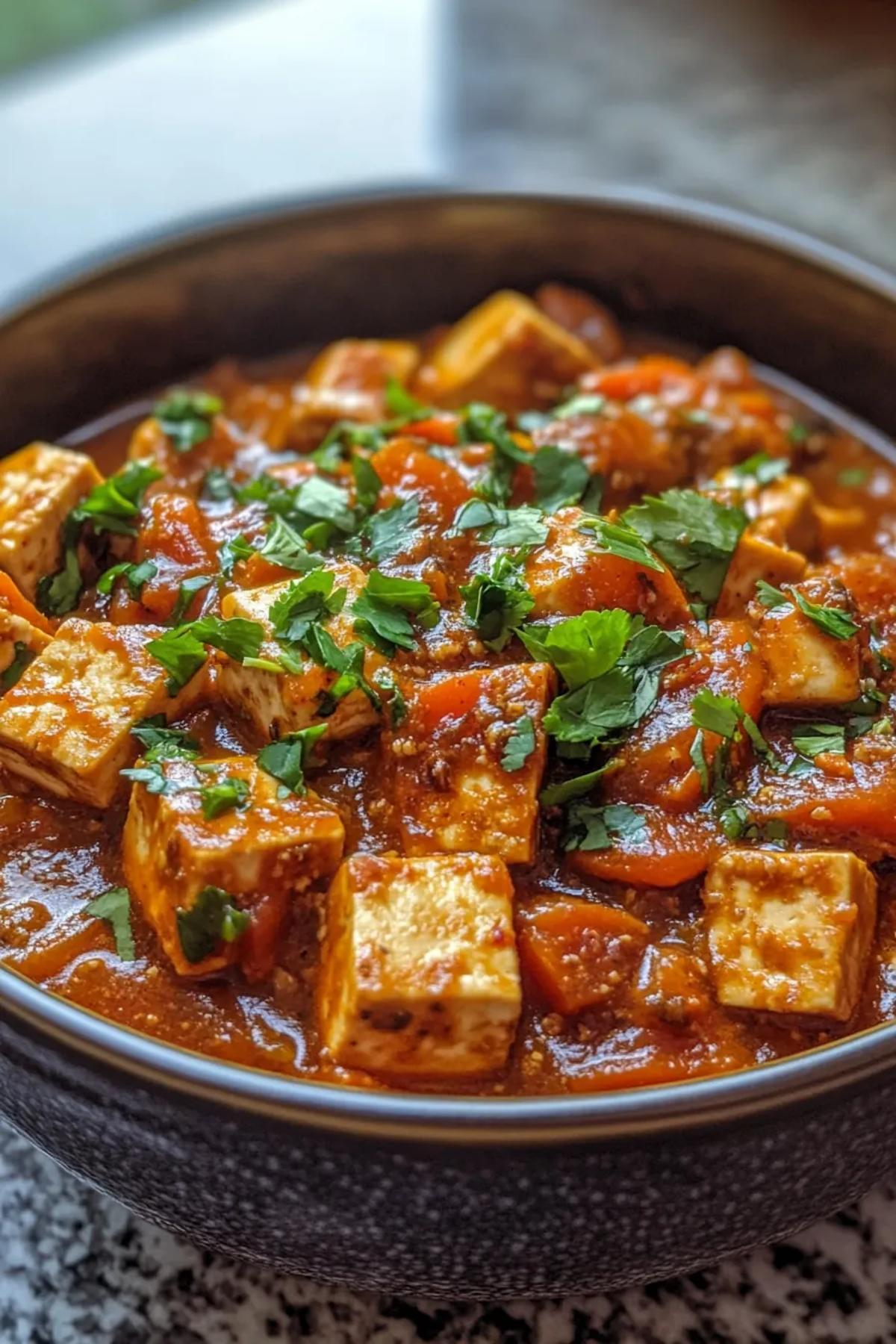 A vibrant one pot tofu curry simmering with colorful vegetables and tofu in a rich, golden broth. card