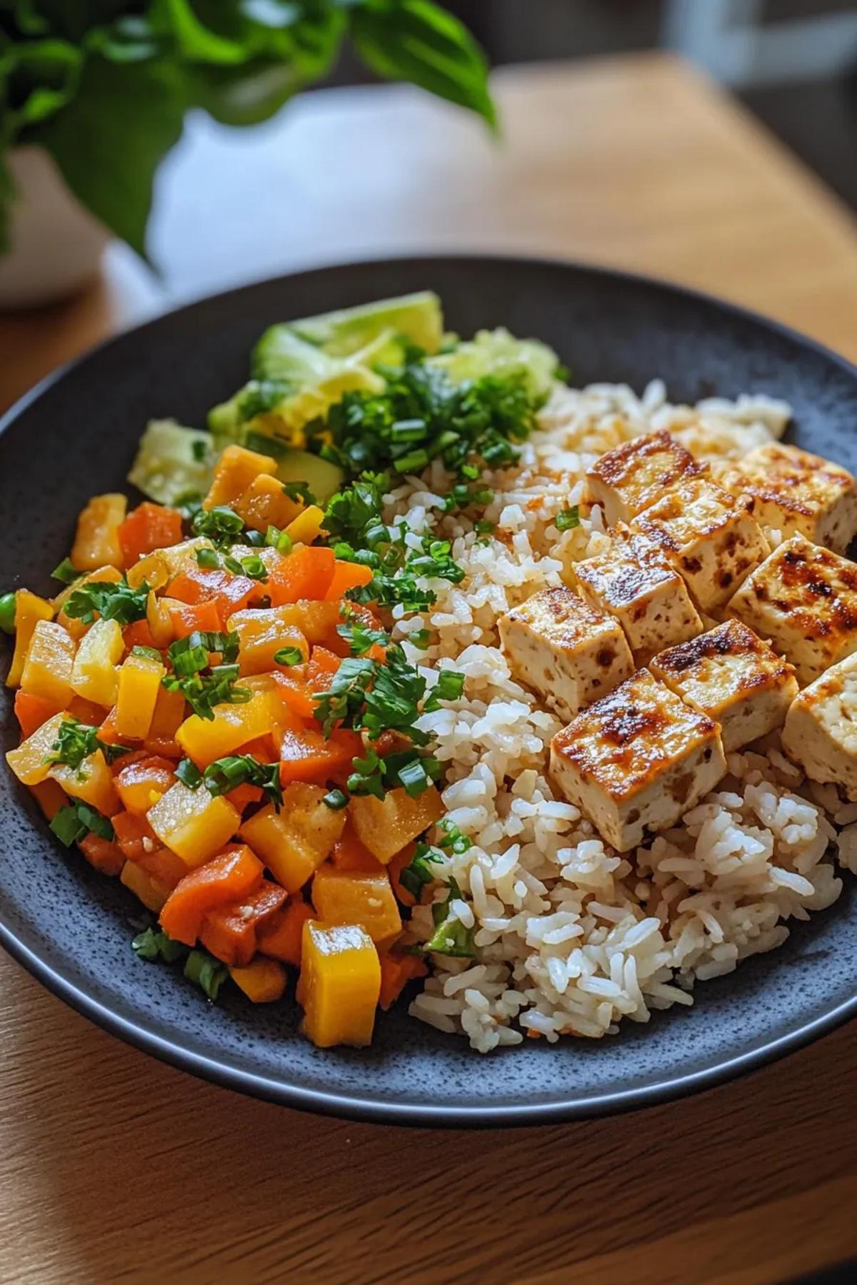 A vibrant one pot dish featuring golden tofu cubes, colorful seasonal vegetables, and fluffy rice. card