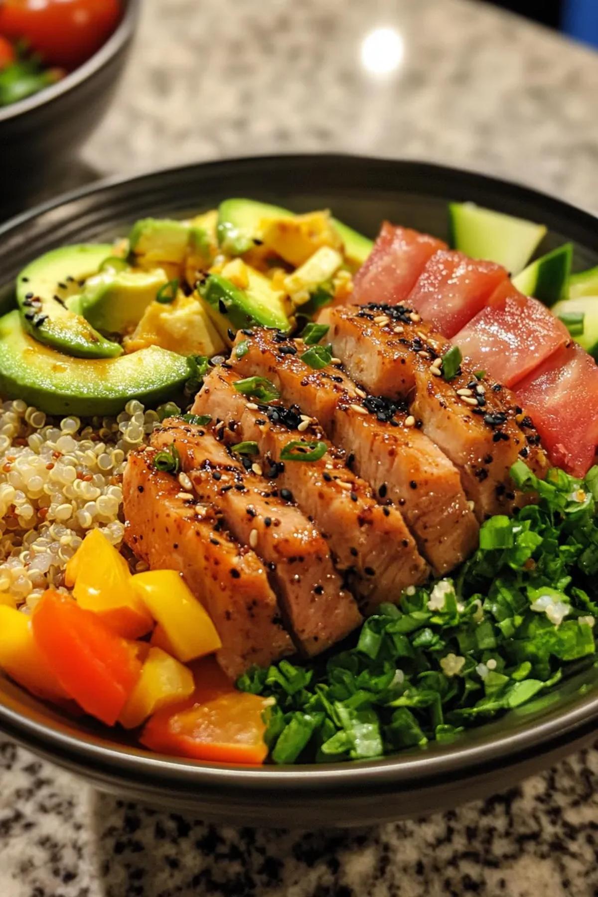A vibrant tuna and quinoa bowl garnished with fresh herbs and lemon slices. card