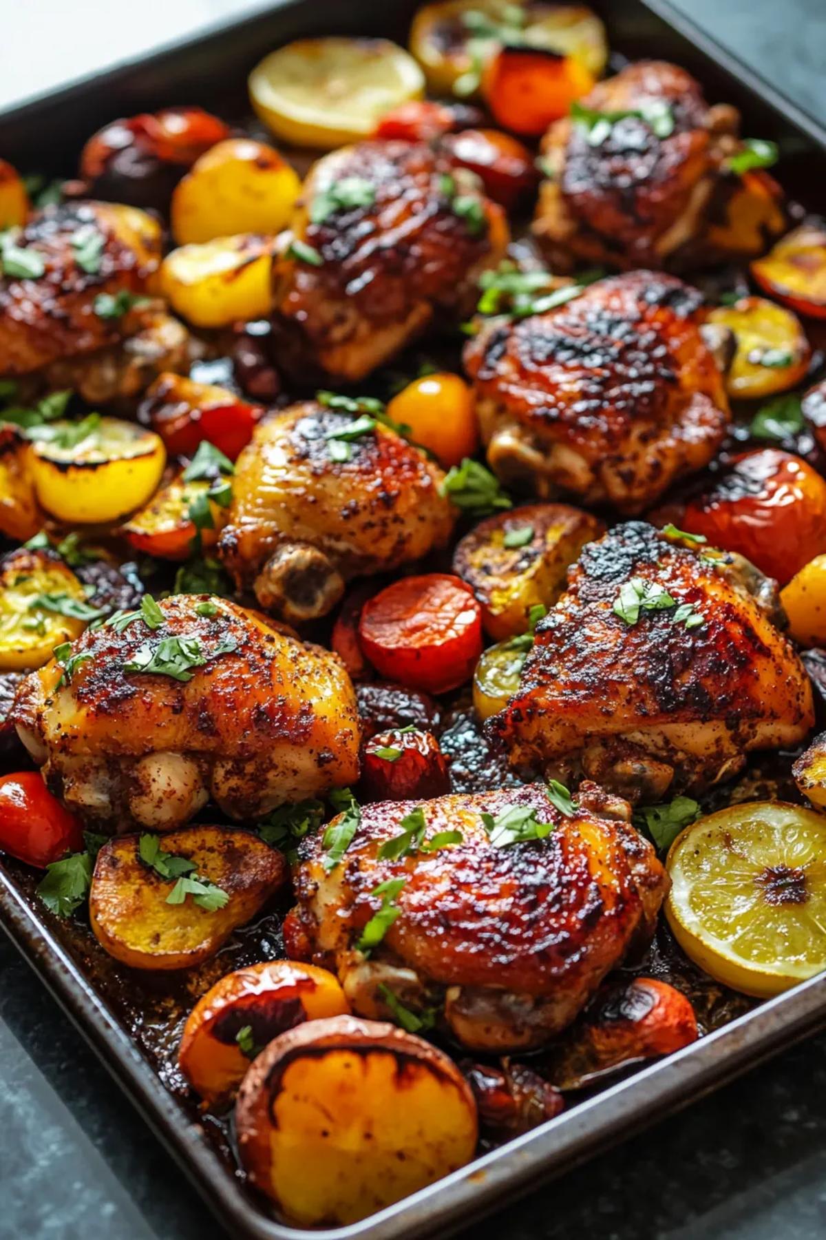 Crispy sheet pan harissa chicken thighs and veggies arranged on a caramel‑glazed tray, with charred peppers, zucchini, and golden potatoes, steam rising from the aromatic spices. card