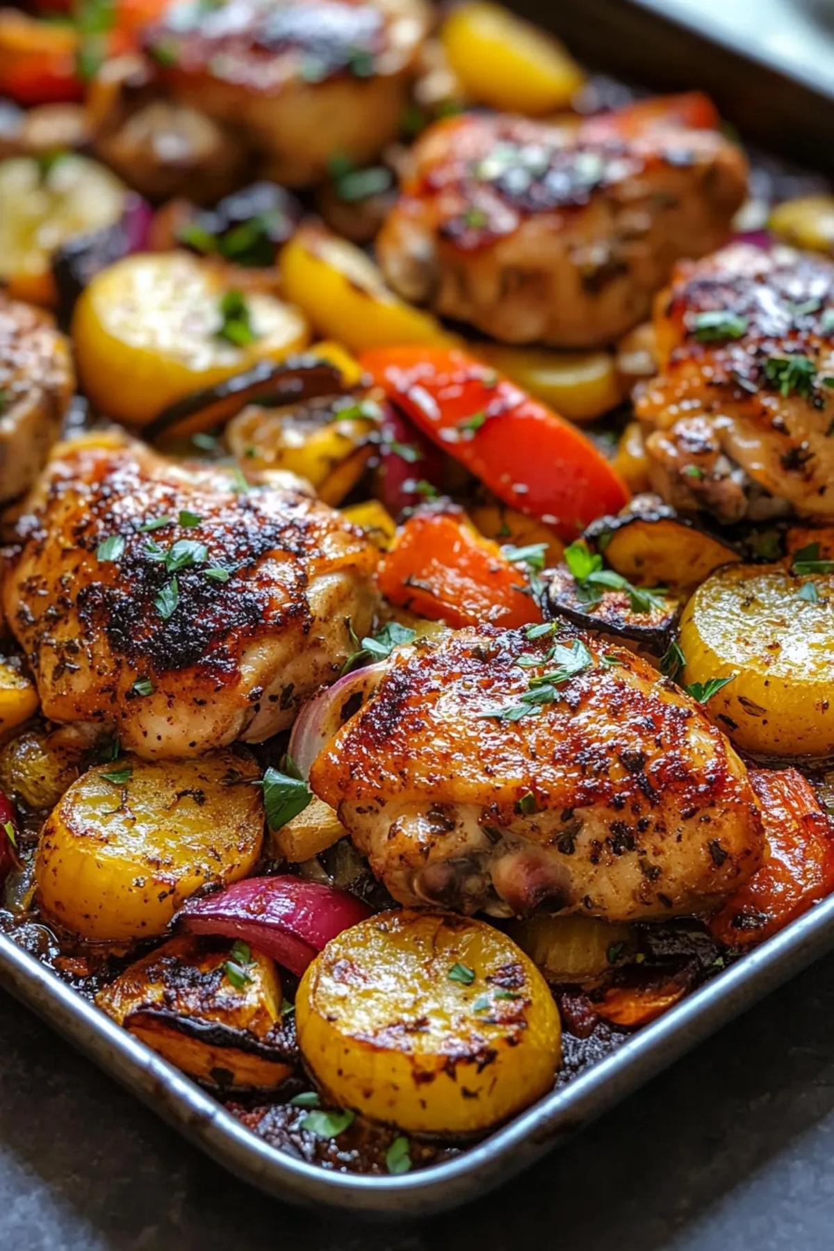 Crispy sheet pan harissa chicken thighs and veggies arranged on a caramel‑glazed tray, with charred peppers, zucchini, and golden potatoes, steam rising from the aromatic spices.