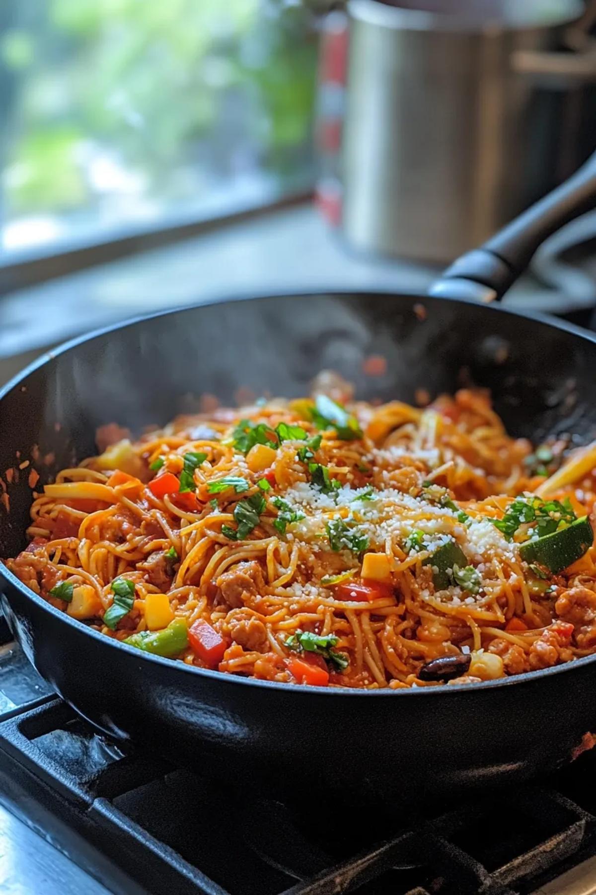 A vibrant bowl of one pot gochujang pasta with colorful seasonal vegetables, garnished with fresh herbs and sesame seeds card