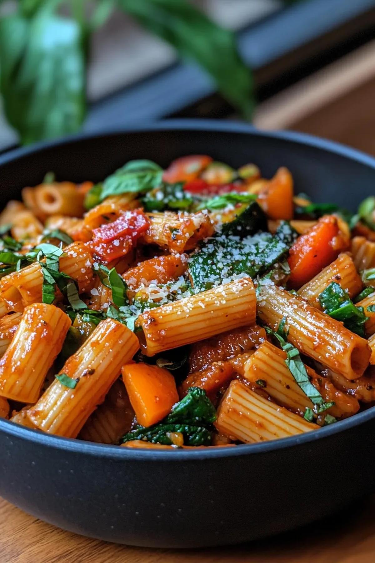 A vibrant bowl of one pot gochujang pasta with colorful seasonal vegetables, garnished with fresh herbs and sesame seeds