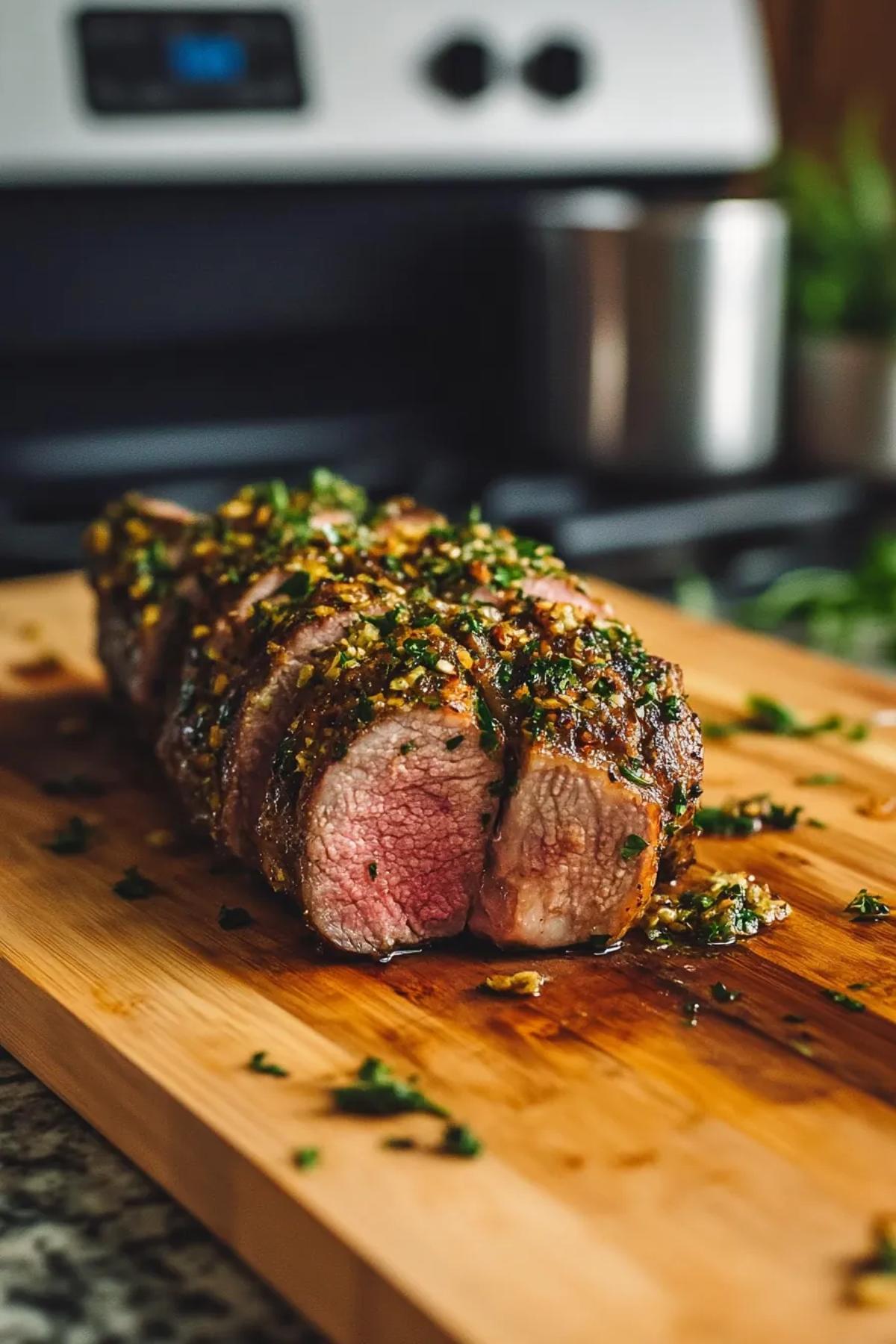 Herb-crusted pork tenderloin sliced on a wooden board, garnished with fresh herbs. card