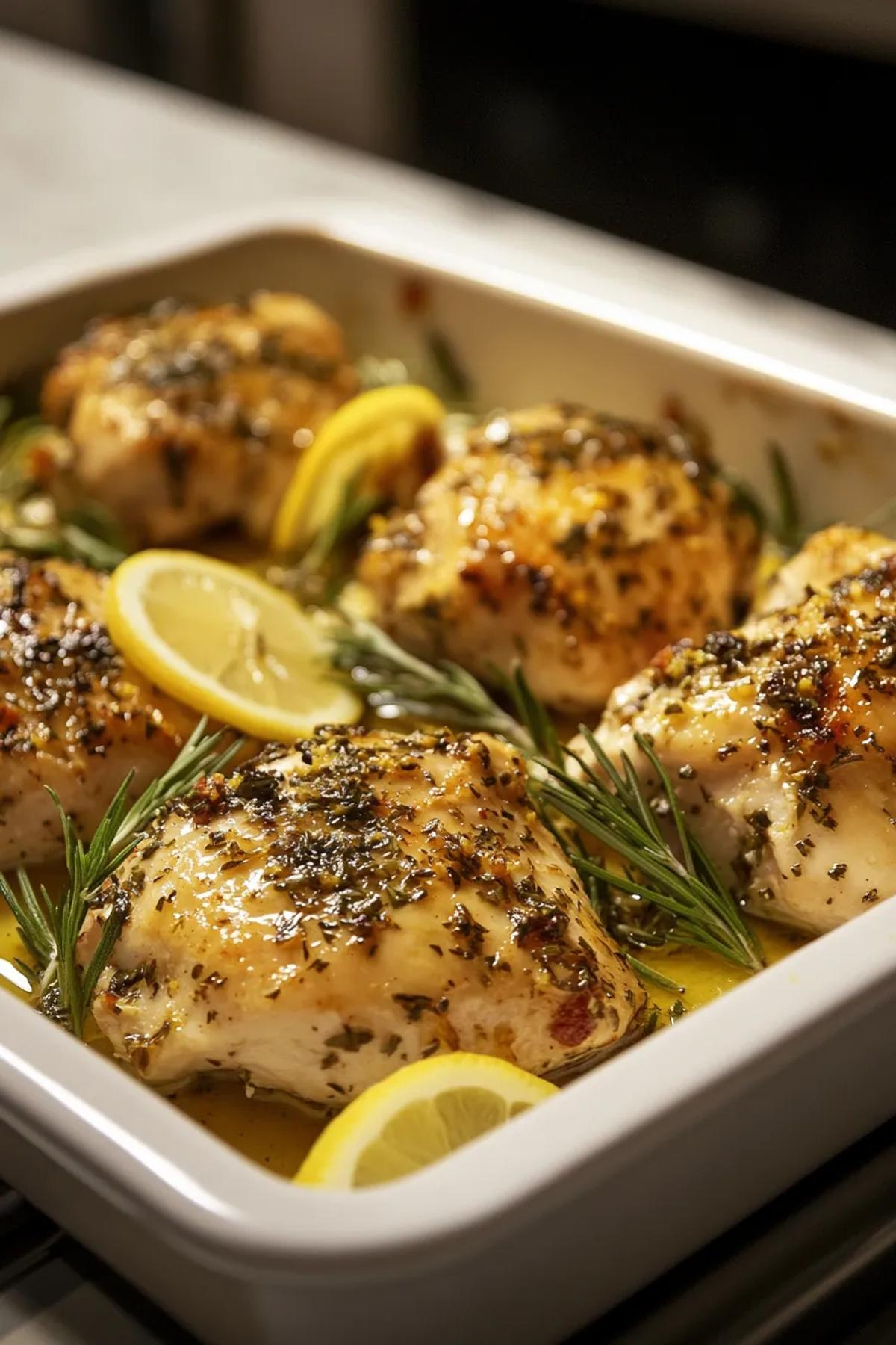Golden-brown lemon herb chicken garnished with fresh thyme and rosemary, served on a rustic wooden platter. card