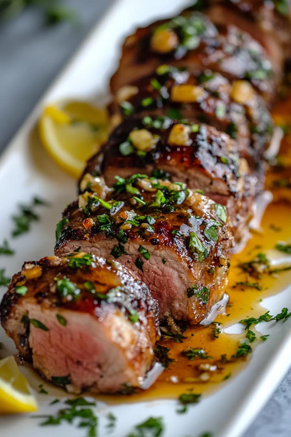 Sliced pork tenderloin drizzled with a glossy honey garlic glaze, garnished with fresh thyme sprigs. card