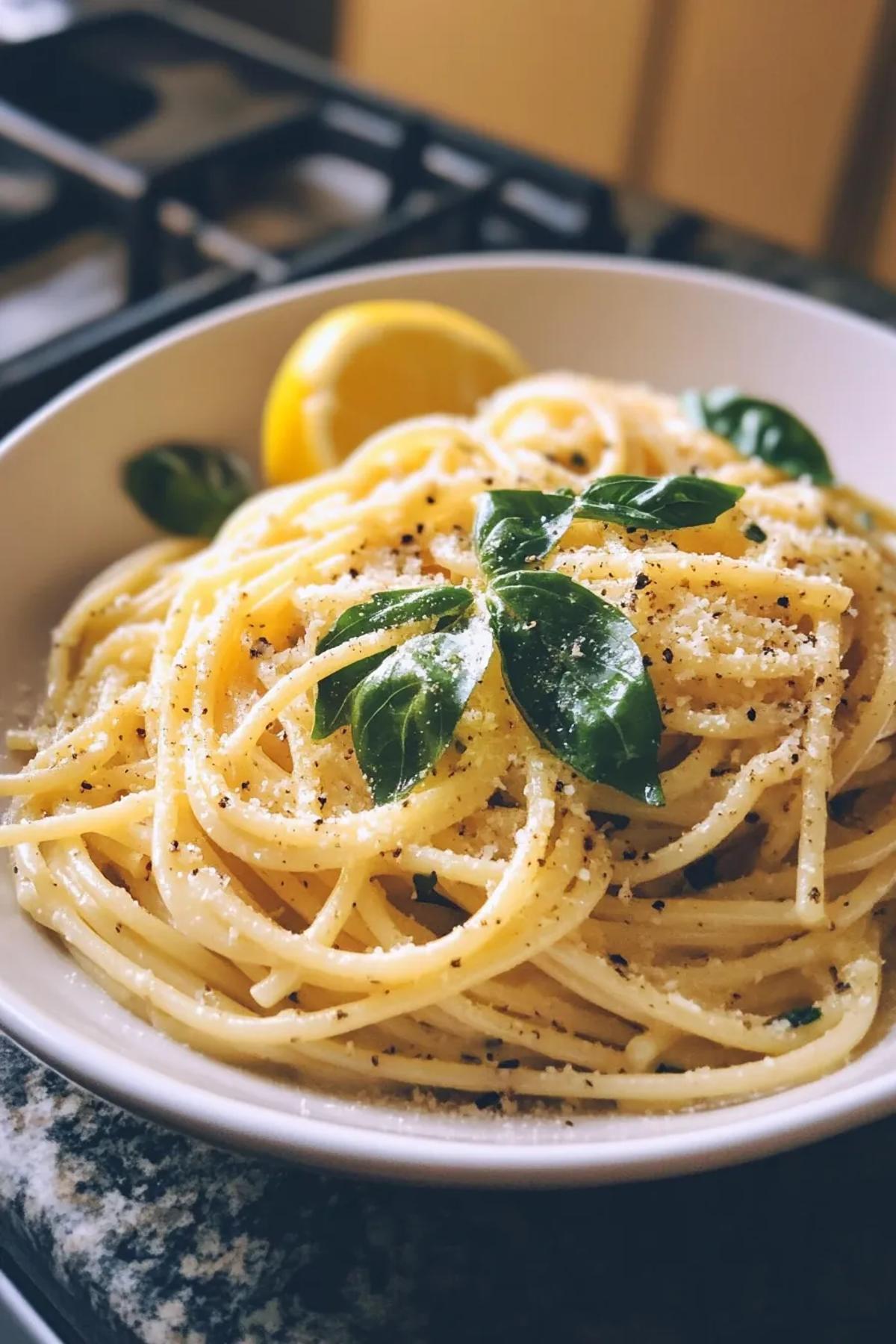 Handmade lemon and basil pasta with grated Parmesan in a rustic serving bowl. card