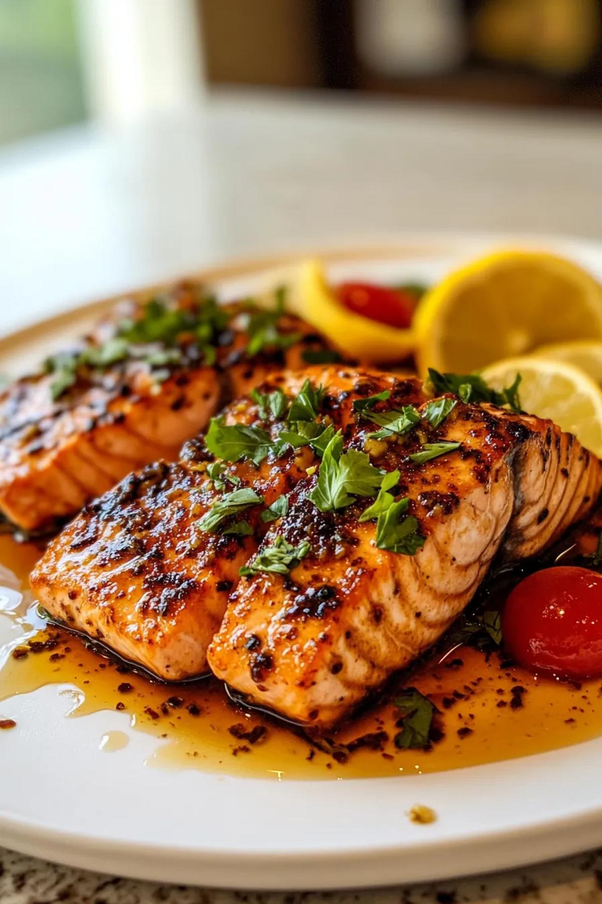 Pan‑seared flaky salmon fillets glazed with a glossy honey mustard sauce, garnished with fresh parsley and lemon wedges on a rustic white plate, showcasing vibrant golden tones and omega‑3 richness card