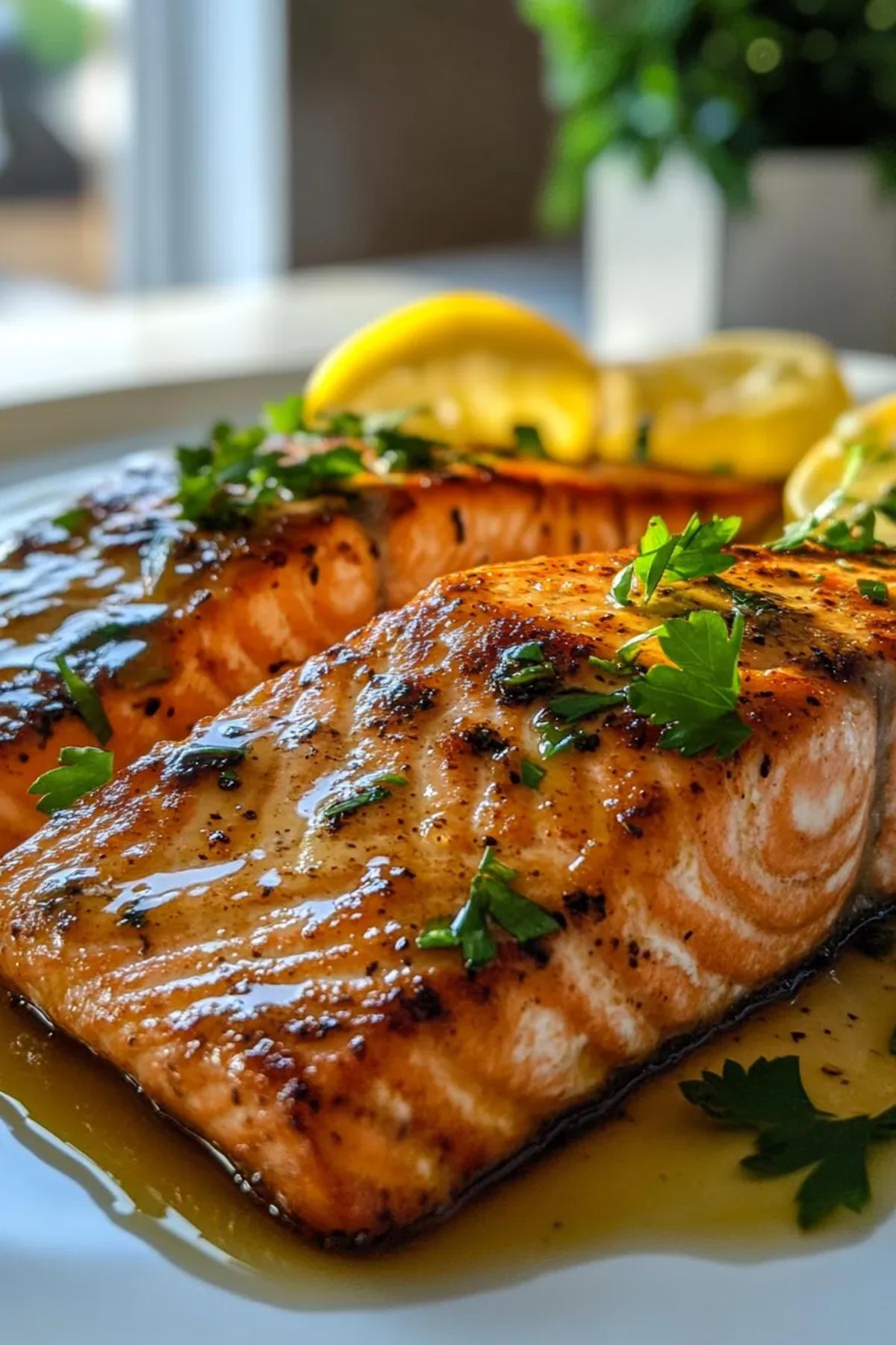 Pan‑seared flaky salmon fillets glazed with a glossy honey mustard sauce, garnished with fresh parsley and lemon wedges on a rustic white plate, showcasing vibrant golden tones and omega‑3 richness